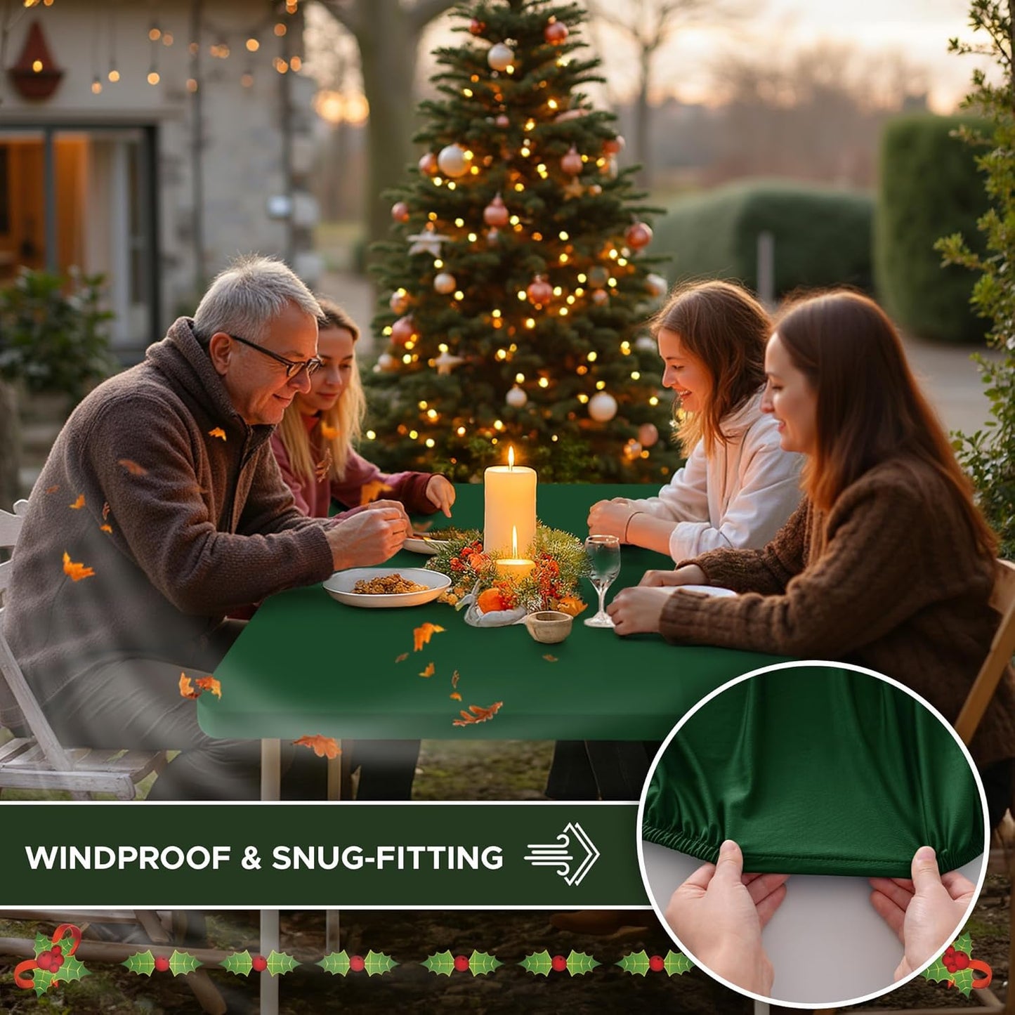 Fitted Tablecloth for 8 Foot Rectangle Tables-6 Pack Hunter Green Elastic Outdoor Picnic Table Cover-Spandex Stretch Folding Table Cloths 8ft for Camping Dining Patio Kitchen Banquet Party