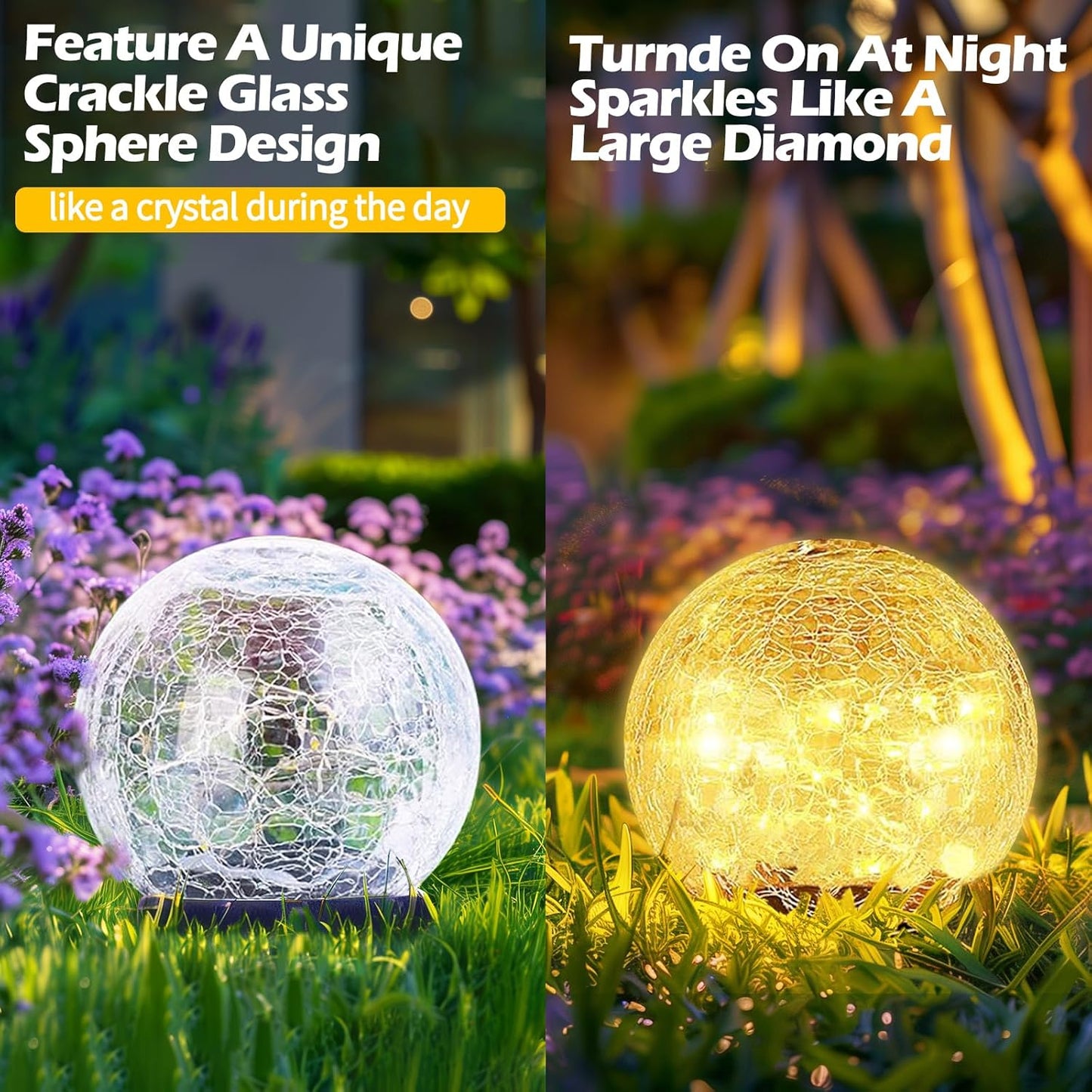 Garden Solar Ball Lights Outdoor Waterproof, 50 LED Cracked Glass Globe Solar Power Ground Lights for Path Yard Patio Lawn, Christmas Decoration Landscape Warm White(2 Pack 4.7'')
