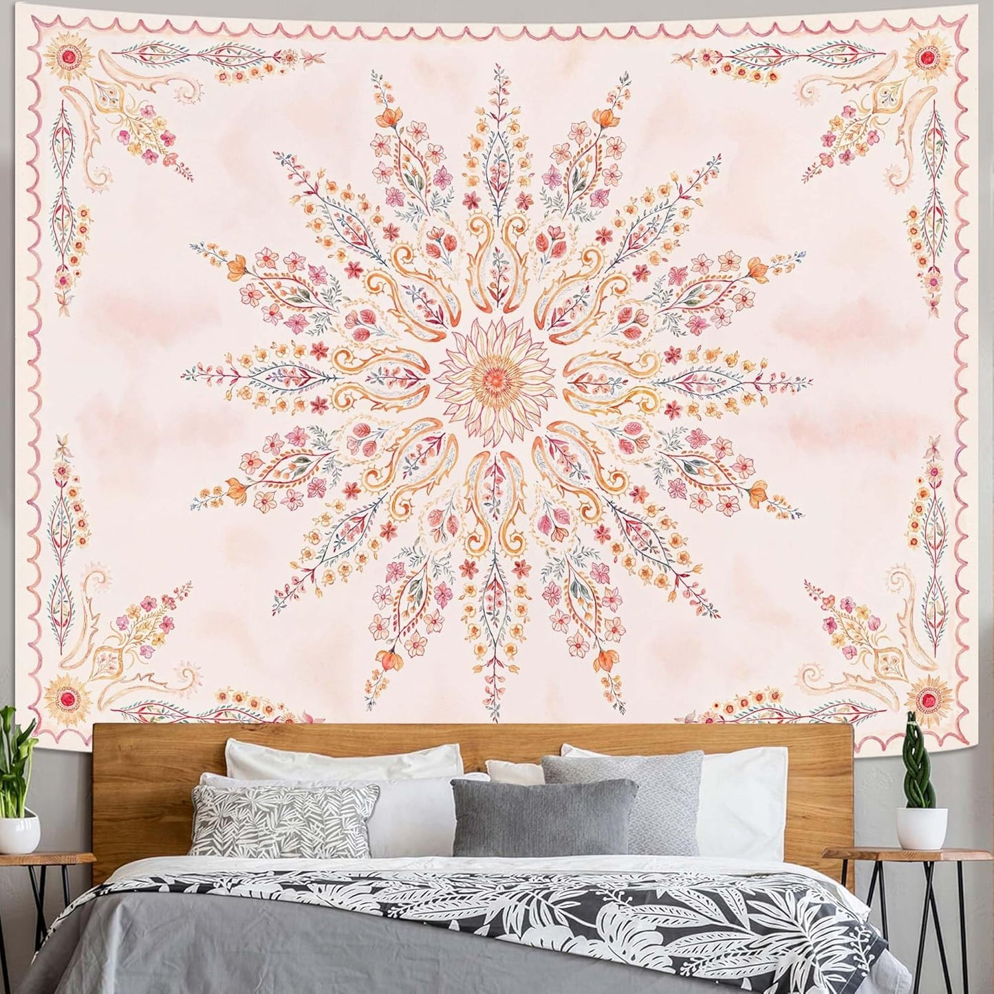 Fowocu Boho Floral Mandala Tapestry for Bedroom Aesthetic Pink Bohemian Flower Wall Tapestry Watercolor Hippie Indian Extra Large Tapestries Wall Hanging for Living Room Dorm Decor 90 x 68 Inch