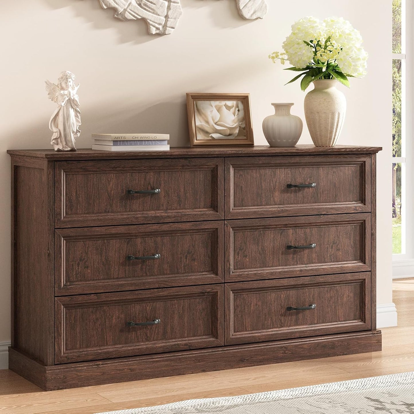 Farmhouse 6 Drawer Dresser for Bedroom, 55 Inch Wide Modern Brown Dresser TV Stand with Large Drawers & Bar Handles, Rustic Wood Chest of Drawers for Bedroom, Living Room, Hallway, Entryway.