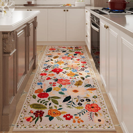 Runner Rug for Hallways Kitchen Rug Non Slip 2'x 6' Washable Rugs with Rubber Backing Soft Floral Carpet Runner for Hallways, Kitchen, Laundry, Bedroom, Bathroom(Beige)