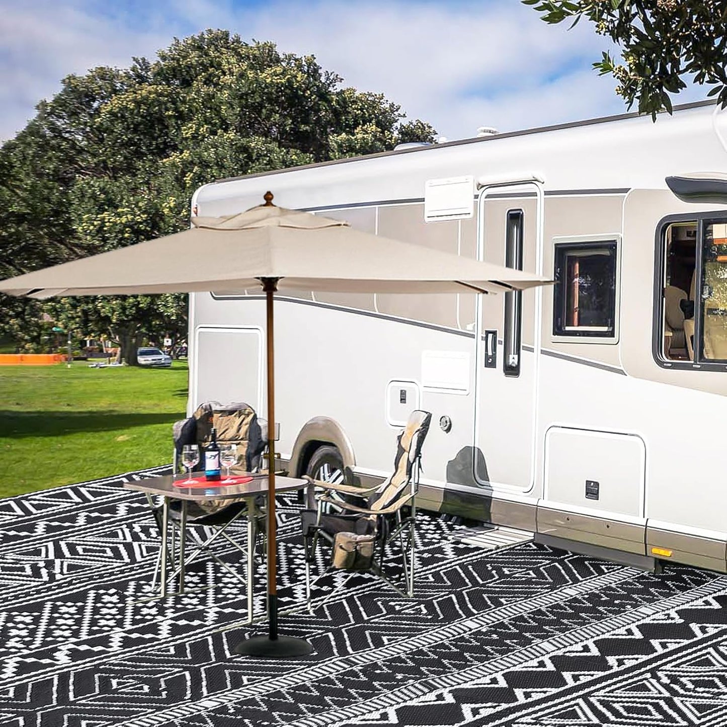 GAOMON Reversible Outdoor Rug 9'x18' Waterproof Plastic Straw Rug, Patio Rug, Large Modern Area Rug Carpet, Indoor Outdoor Rugs for Camping, Porch, Deck, Balcony, Backyard, Black/White(Bohemia)