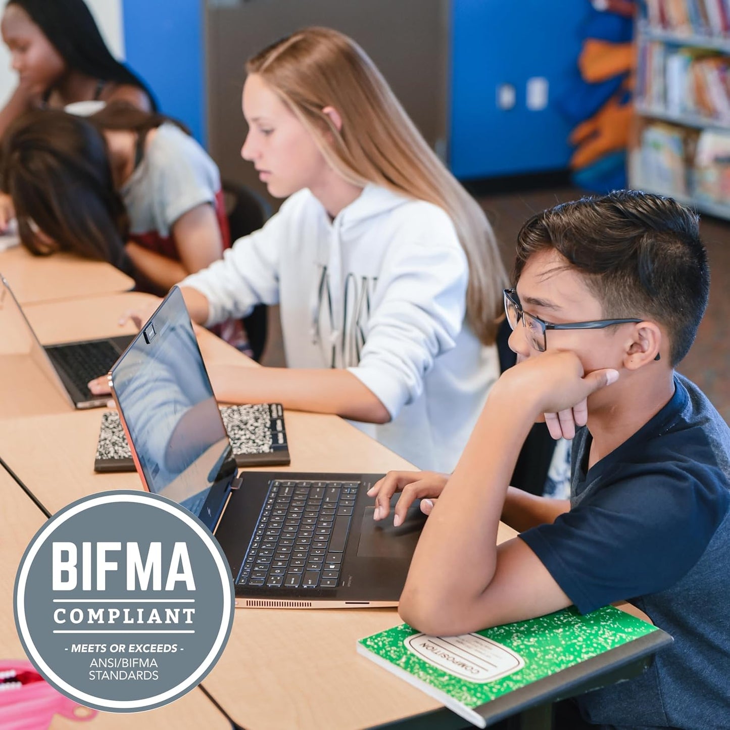 FDP Rectangle Activity School and Classroom Kids Table (30 x 72 inch), Chunky Toddler Leg, Adjustable Height 15-24 inches - Gray Top and Green Edge