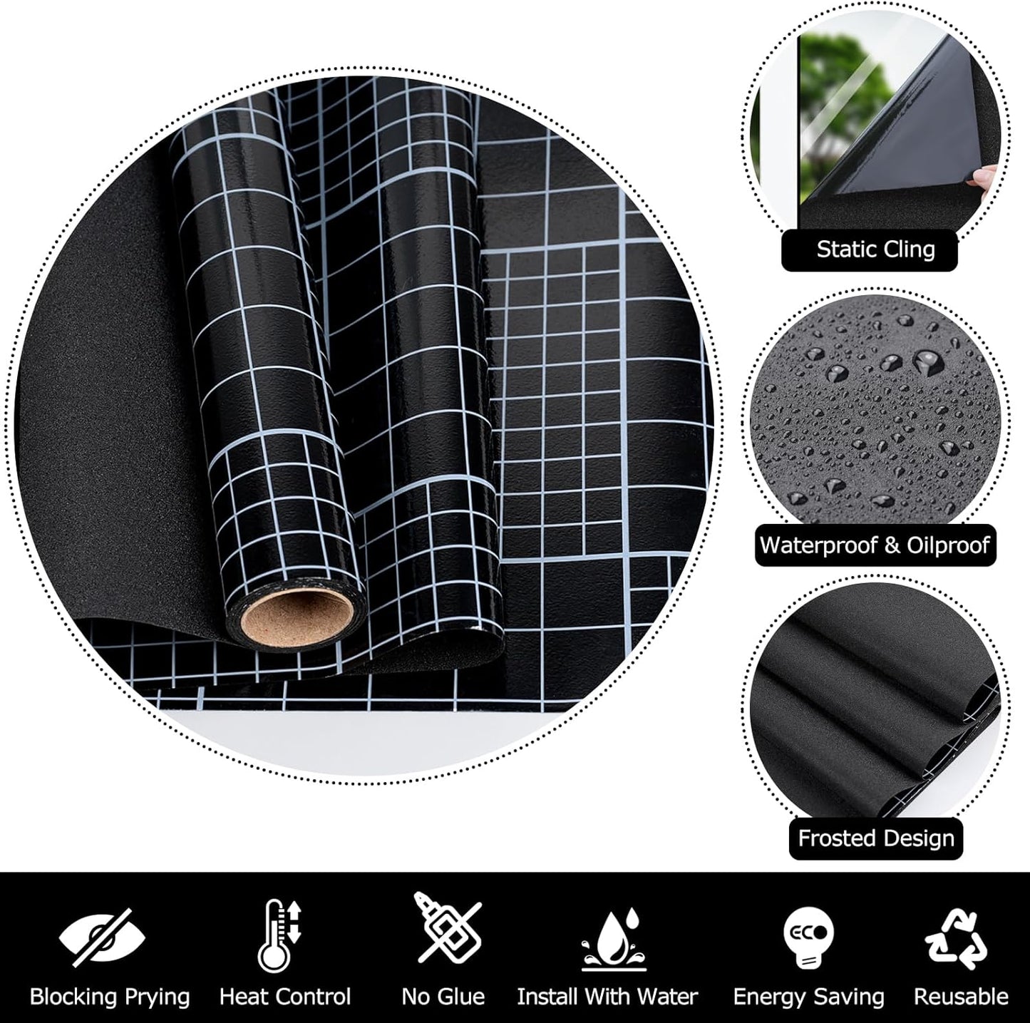 HIDBEA Blackout Window Film,100% Light Blocking Room Darkening Window Privacy Film,Frosted Glass Window Film Heat Control, Removable Window Cover Tint for Day Sleep (Black,35.4in x 6.5ft)