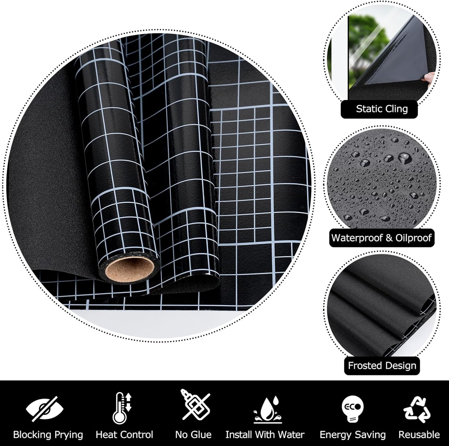 HIDBEA Blackout Window Film,100% Light Blocking Room Darkening Window Privacy Film,Frosted Glass Window Film Heat Control, Removable Window Cover Tint for Day Sleep (Black,23.6in x 6.5ft)