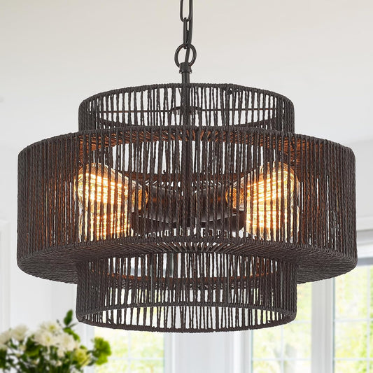 17.7" Rattan Chandelier Light Fixture Vintage 4-Lights Farmhouse Boho Hand-Woven Bamboo Chandelier Retro 3-Tier Drum Wicker Rattan Black Chandeliers for Dining Room, Kitchen, Bedroom,Foyer