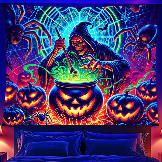 Halloween Tapestry, Blacklight Tapestry for Halloween Party Decor Hanging Tapestries Backdrop Wall Art Poster for Bedroom Dorm 79x59in