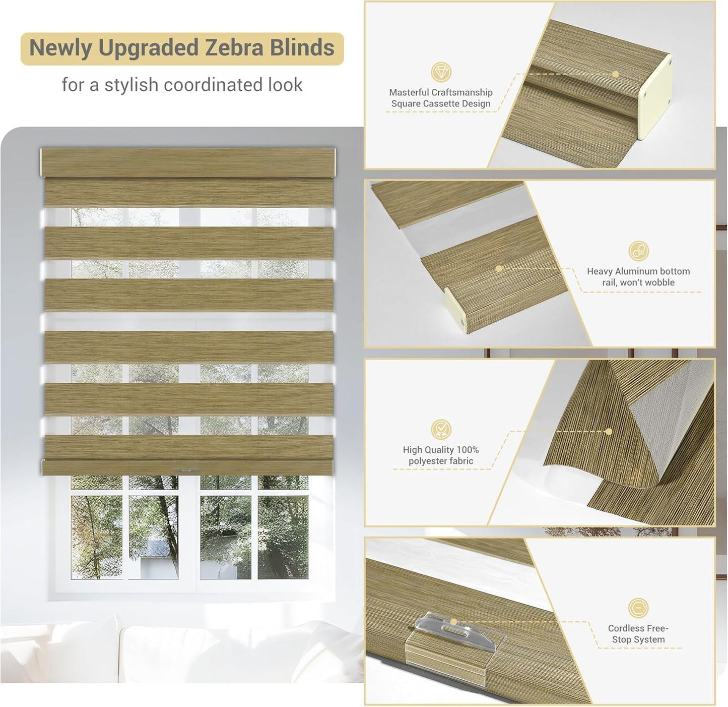 Cordless Zebra Blinds for Windows, Blackout Interior Blinds,Easy to Install,UV Protection,for Offices and Home,Custom Roller Shades, Mousse Light Bown,81" W x 64" H