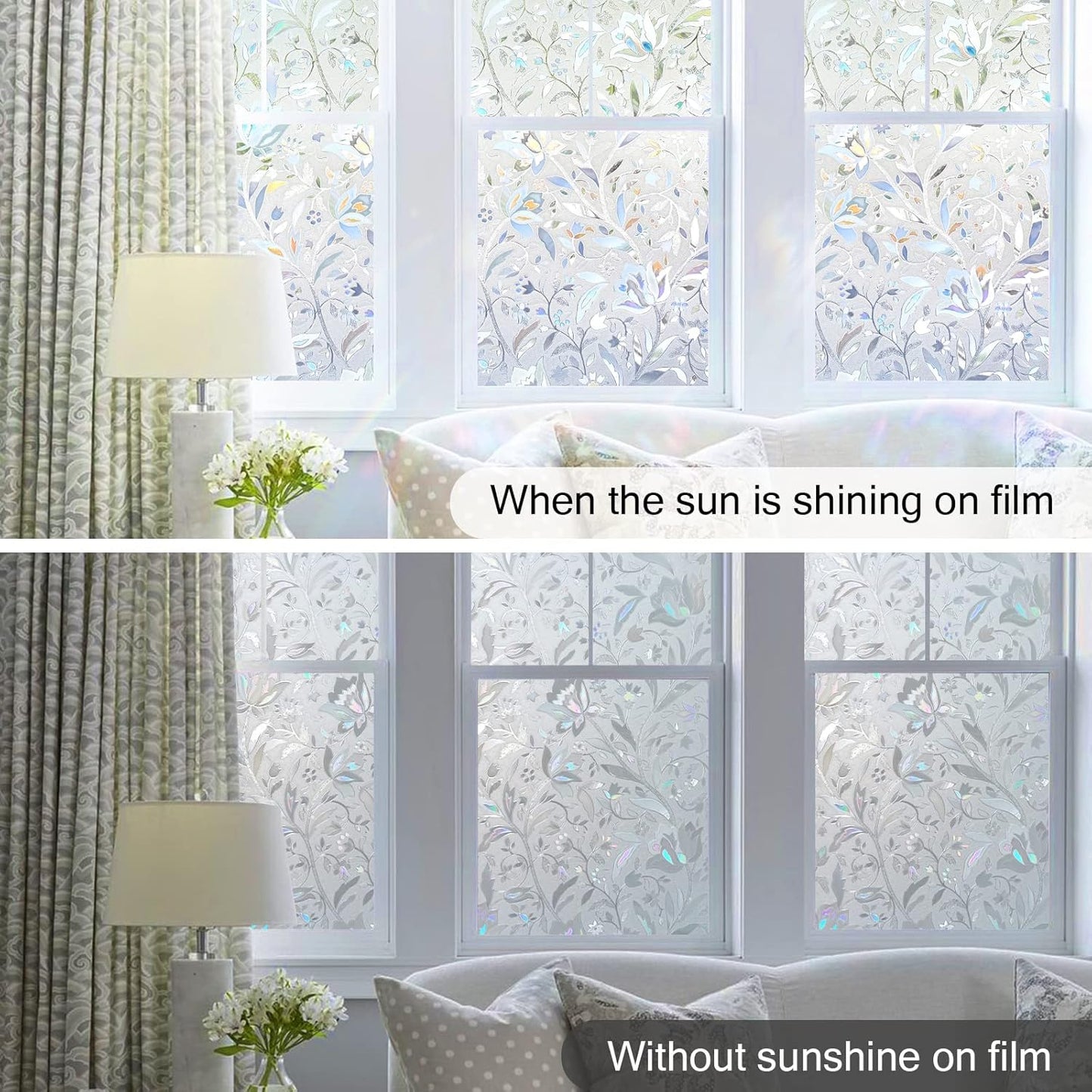 DOWELL Window Privacy Film, 3D Stained Glass Rainbow Films, Decorative Window Vinyl Sun Blocker Door Covering, Static Cling Non-Adhesive Glass Sticker for Home, Blooming Flowers, 35.4"x157.4"