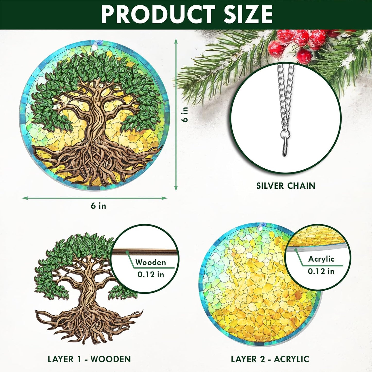 FLAGWIX Tree of Life Viking Decor Suncatcher Hanging - Double Layered Hanging Suncatcher 6 in - Viking Celtic Norse Mythology Decor, Tree of Life Gifts for Men Women Family Friends