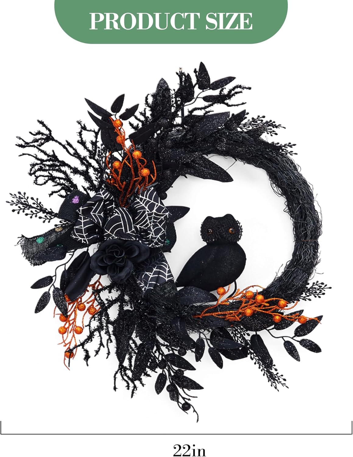 20 Inch Halloween Owl Wreath for Front Door - Gothic Garland with Natural Vines & Black Roses, Outdoor Indoor Decor for Porch, Wall, Window, Party Home Decor