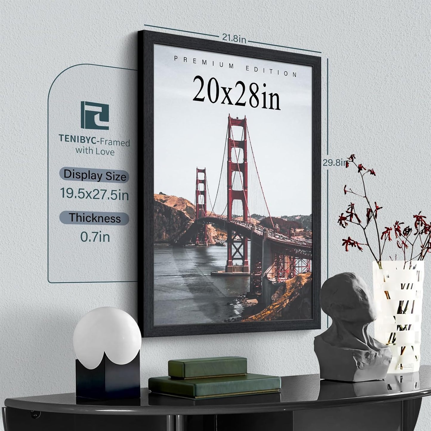 20x28 Picture Frame Set of 3 - Black Woodgrain, Solid Wood Gallery Poster Frame - Wall Hanging