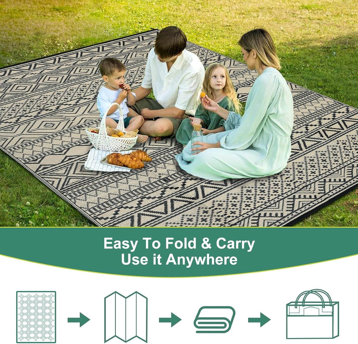 GAOMON Outdoor Rugs Patio Camping Waterproof Rug 6'x9' Plastic Straw Patio Rug Portable for Campers, Outside RVs Mat for Patios Clearance, Backyard Porch, Balcony, Black/Coffee(Bohemia)