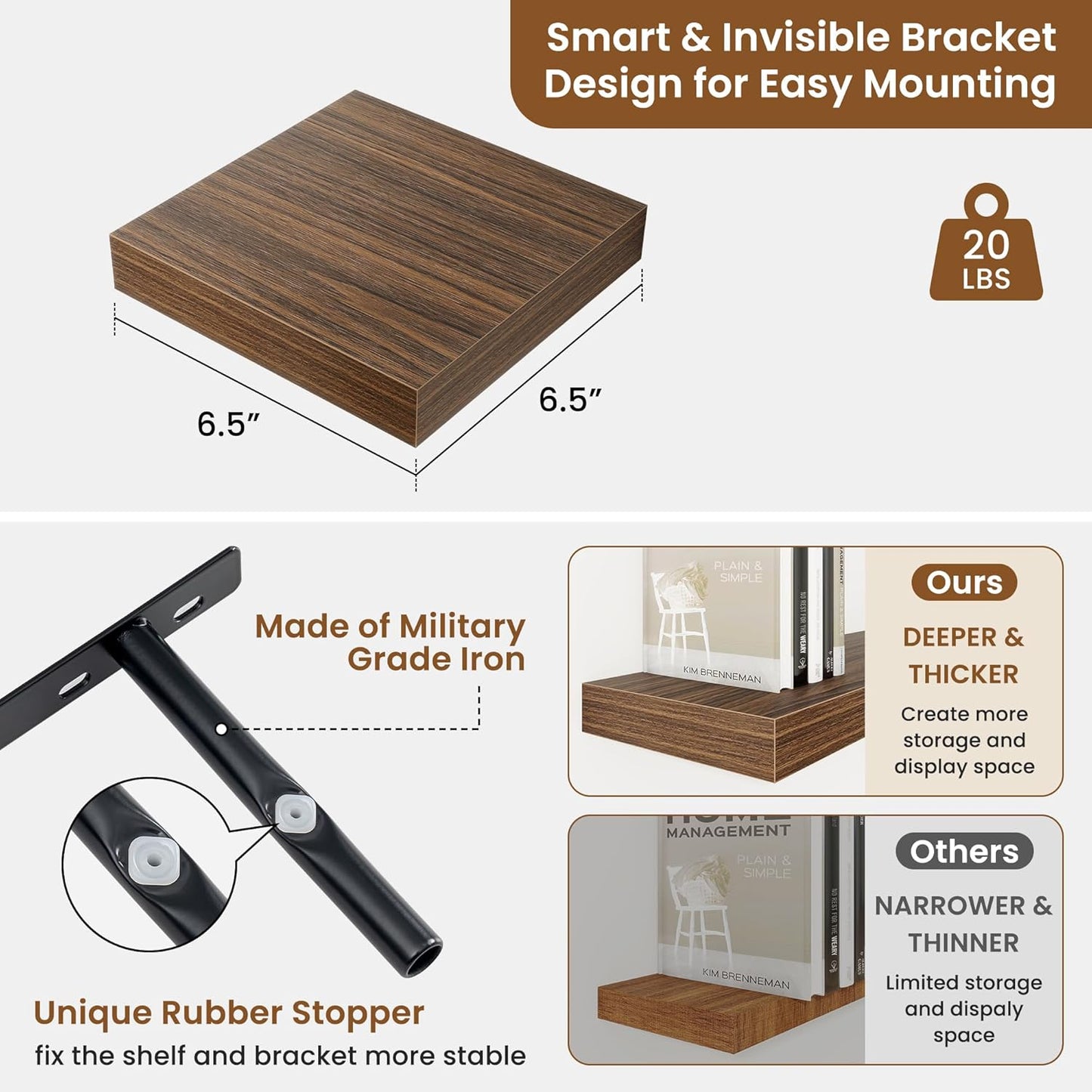 fuqing Floating Shelves for Wall, Bathroom Shelf Wall Mounted for Storage, Shelves with Invisible Bracket for Bedroom, Kitchen, Living Room, Farmhouse Small Book Shelf, 6.5 Inch Set of 3, Walnut