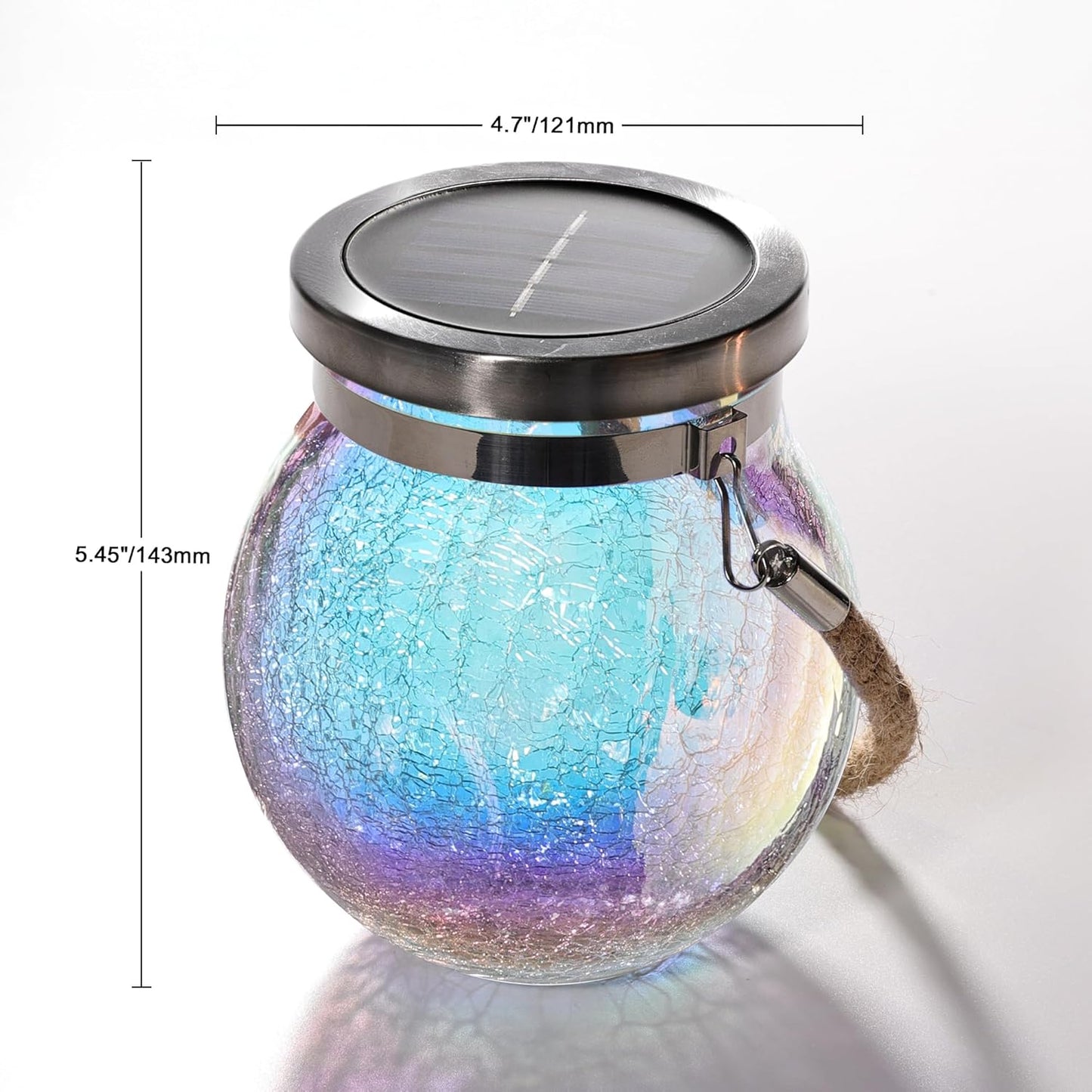 Cooo 6 Pack Solar Lantern Outdoor Waterproof Iridescent Crackle Glass with 215% Larger Solar Panel, Stainless Steel Lid – Rainbow Glass Hanging Light with Cool White LED for Garden Patio Table