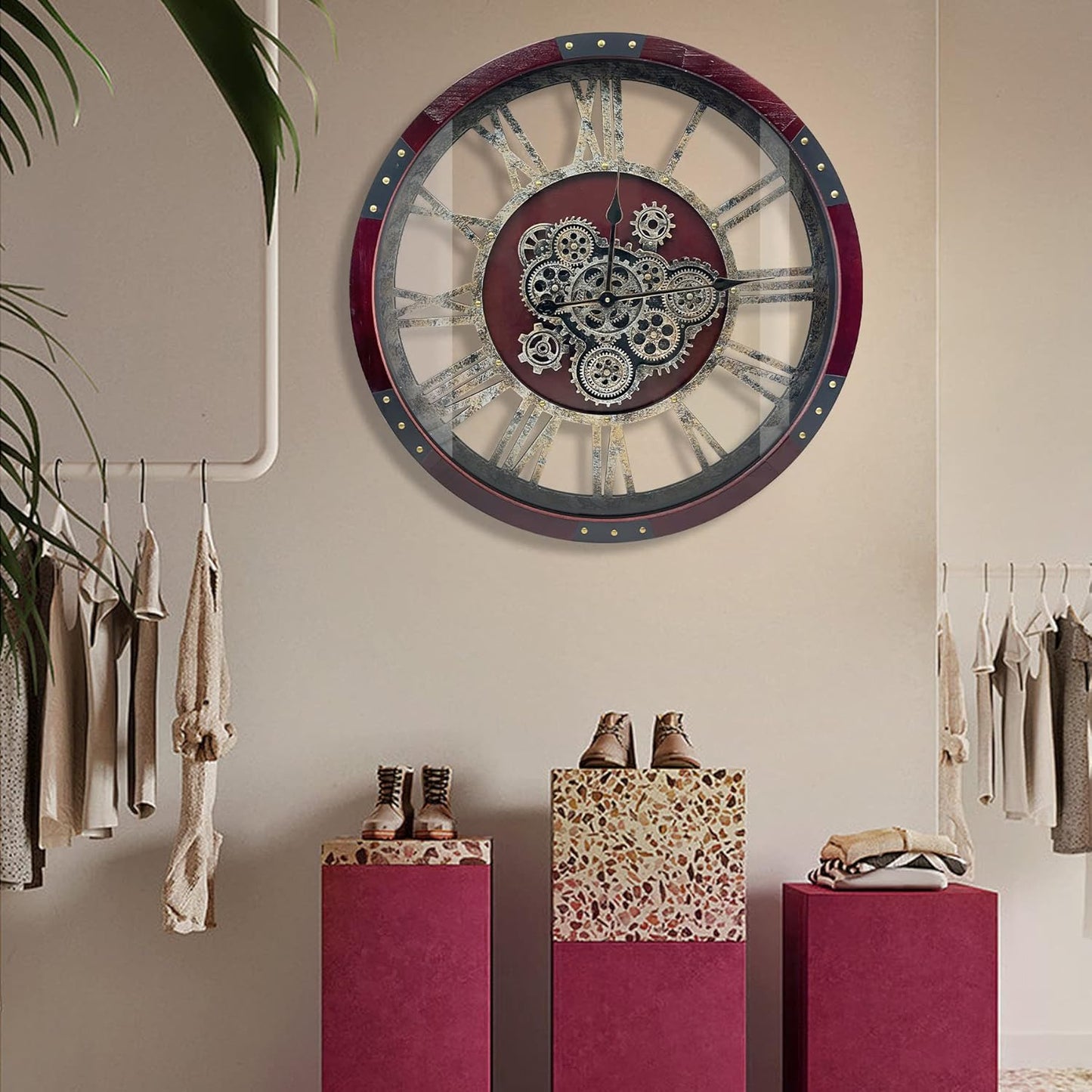 DORBOKER 24" Original Moving Gears Wall Clock, Large Industrial Wall Clock for Living Room Decor, Oversized Wood Vintage Farmhouse Steampunk Rustic Clocks for Wall Christmas Decor,Cherry Red