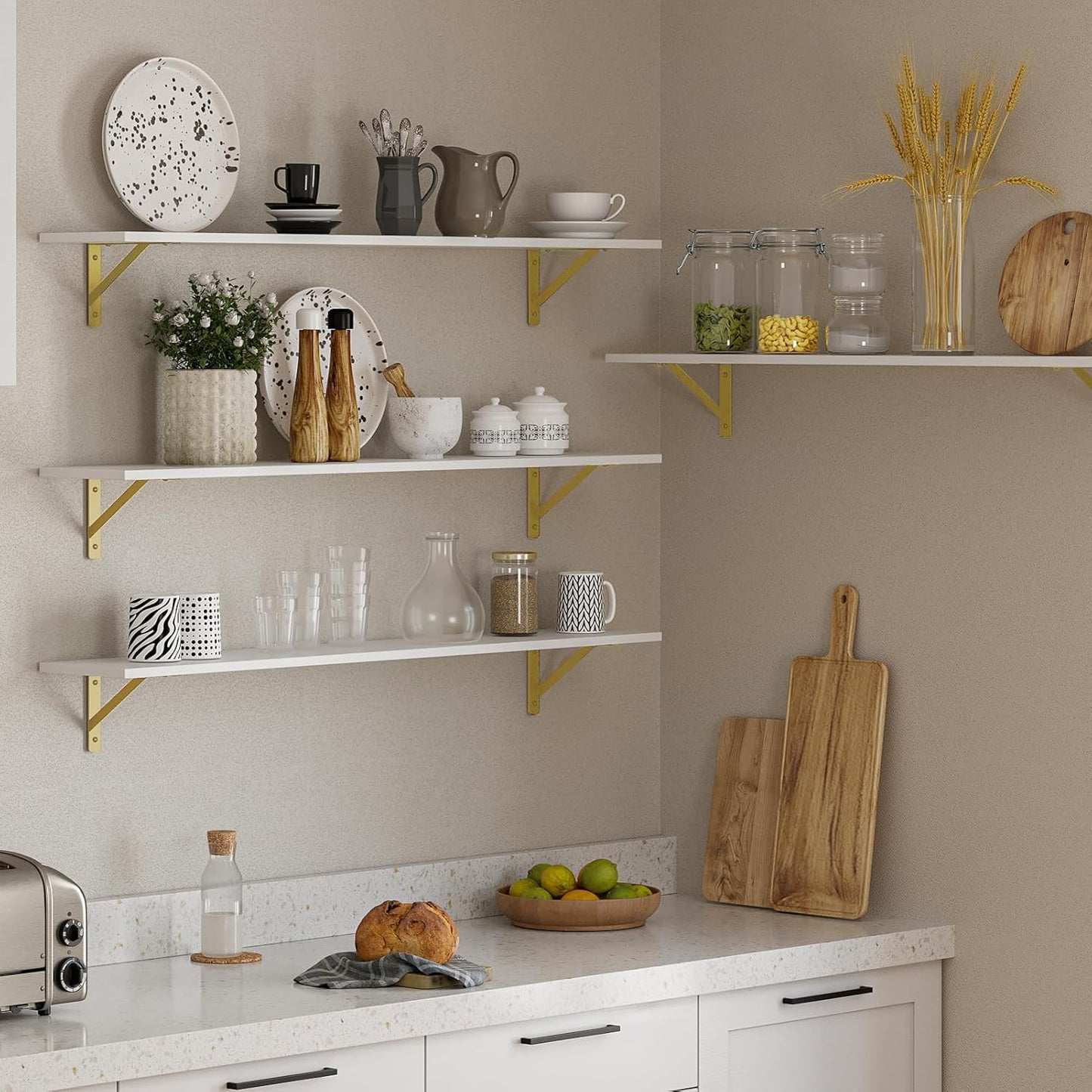 DINZI LVJ Long Wall Shelves, Set of 4, 47.3" Wall Mounted Shelves, Large Floating Shelves for Storage with Metal Brackets, for Living Room, Bathroom, Bedroom, Kitchen, White and Gold