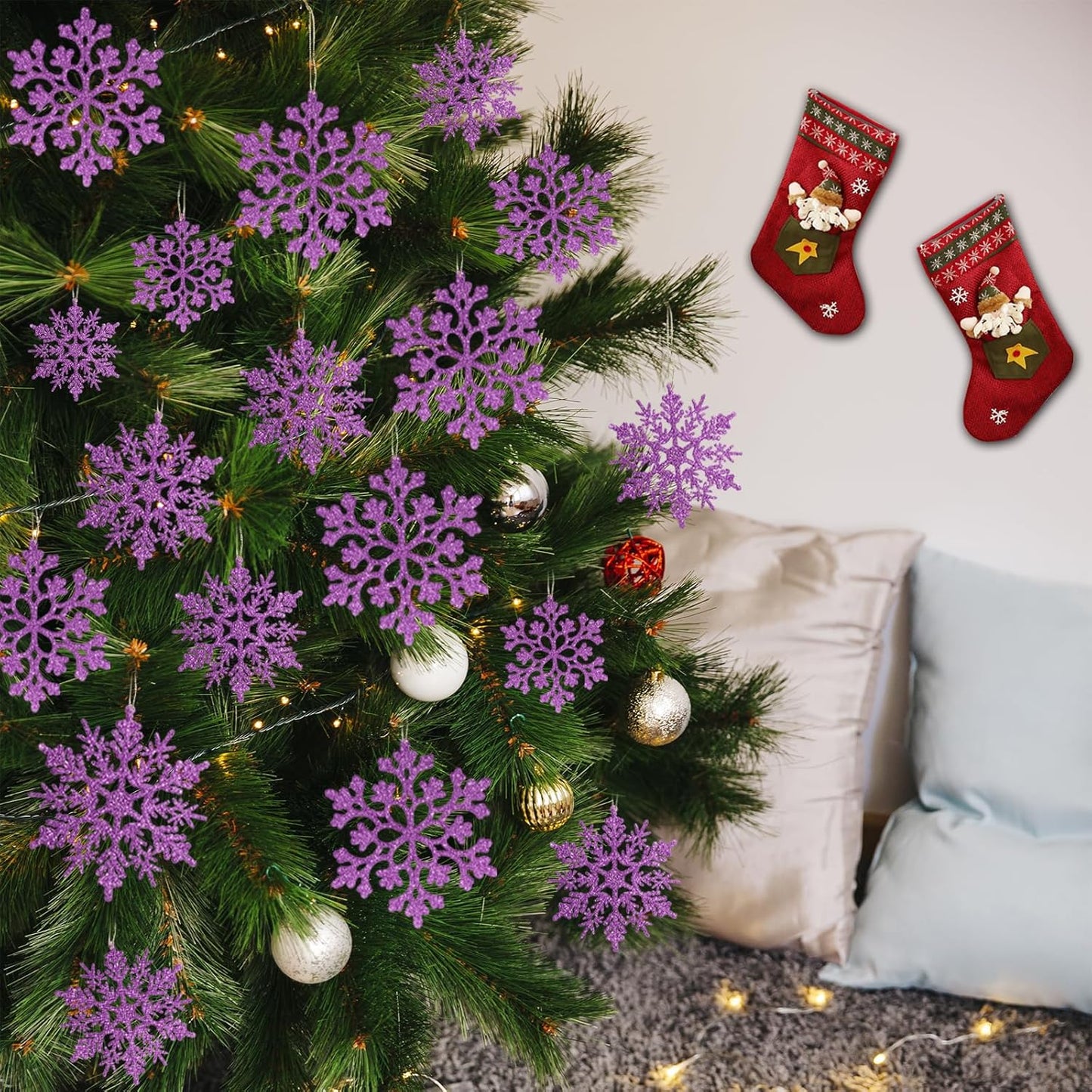 36pcs Christmas Light Purple Snowflake Ornaments，Plastic Light Purple Snow Flakes Hanging Ornaments for Christmas Tree Decor Winter Wonderland Frozen Birthday Party Holiday Home Decor Craft Snowflake