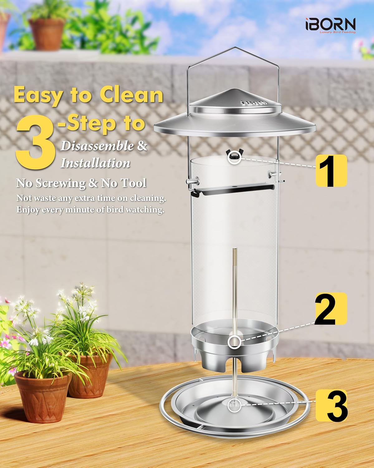 iBorn Metal Bird Feeders for Outdoors,Easy Clean Bird Seed Feeder,Hanging Bird Feeder for Seeds with Gift Box,3-Second Refill Bird Feeder,Nickle 6 Port (Seed is not Included)