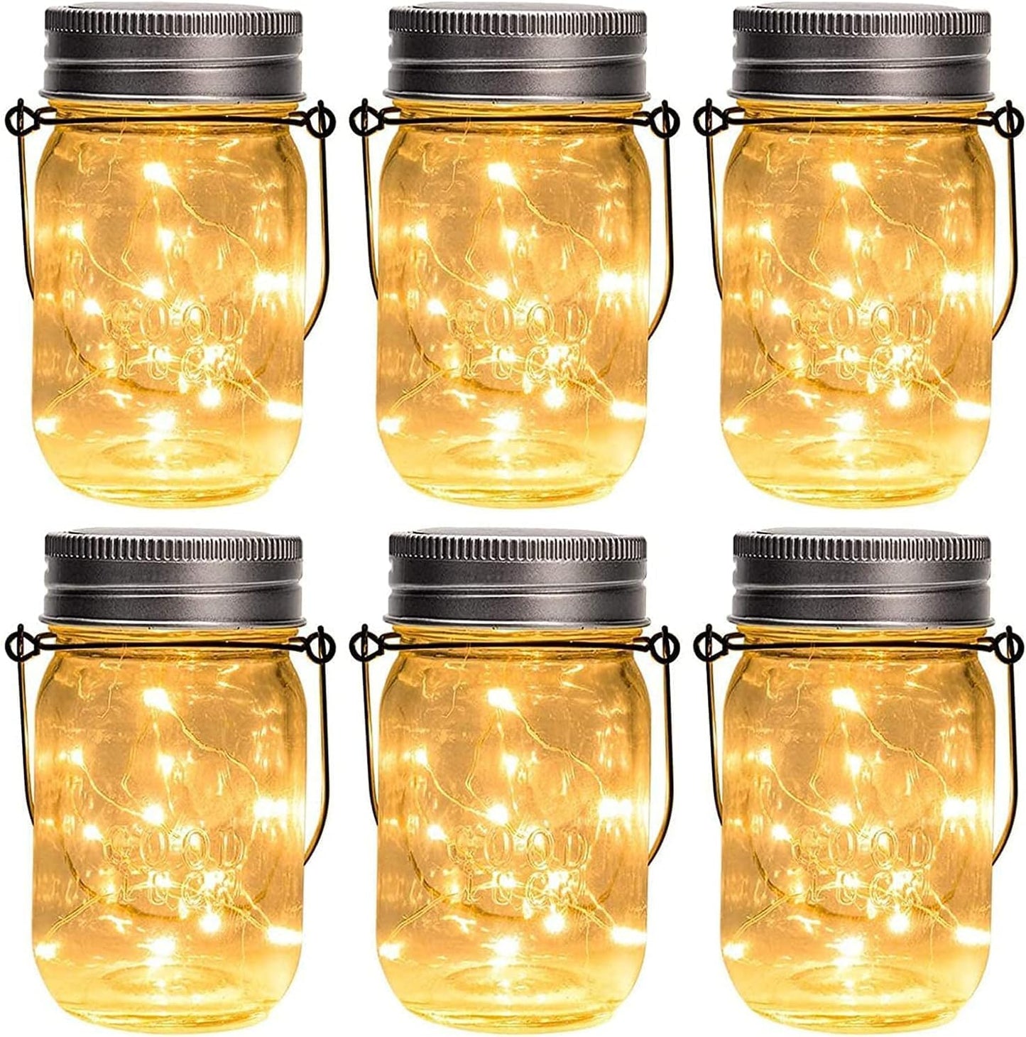 GIGALUMI Hanging Mason Jar Solar Lights, 6 Pack 30 Led Hanging Solar Lanterns Outdoor Waterproof, Hangers and Jars Included, Outdoor Decor for Balcony, Garden, Patio, Yard, Wedding
