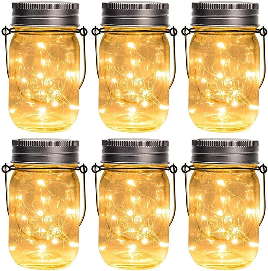 GIGALUMI Hanging Mason Jar Solar Lights, 6 Pack 30 Led Hanging Solar Lanterns Outdoor Waterproof, Hangers and Jars Included, Outdoor Decor for Balcony, Garden, Patio, Yard, Wedding