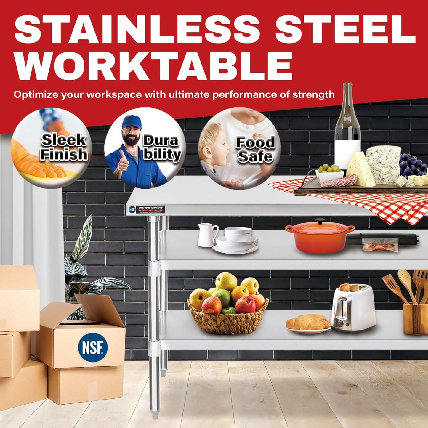 DuraSteel Food Prep Stainless Steel Table - 24 x 48 Inch Commercial Metal Workbench with Adjustable Under Shelf - NSF Certified - for Restaurant, Warehouse, Home, Kitchen, Garage