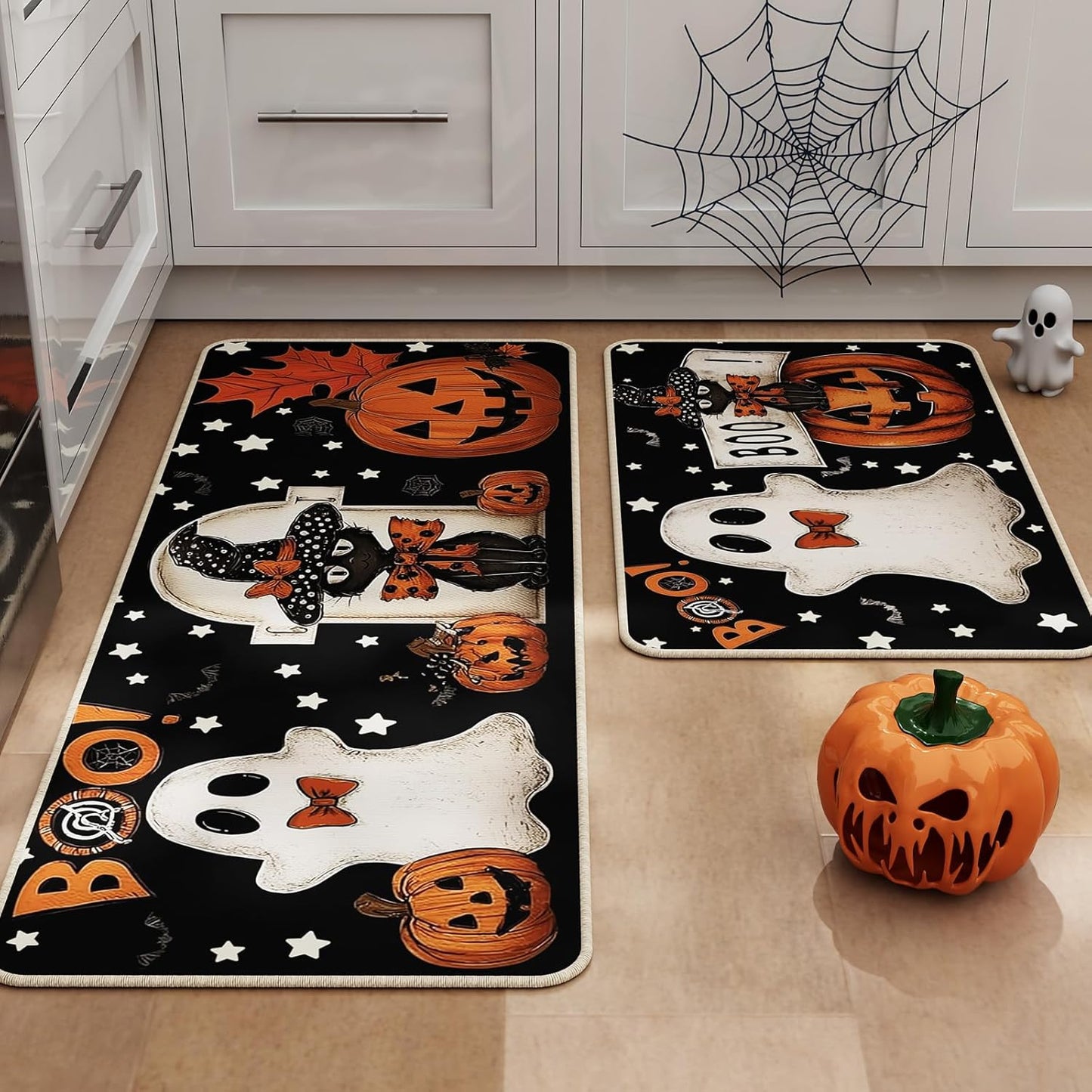 Halloween Kitchen Mat Set of 2, Pumpkin Ghosts Boo Cat Halloween Decor, Halloween Rug for Floor, Indoor Home Decor with Non-Slip Backing,17 x 29 Inch & 17 x 47 Inch