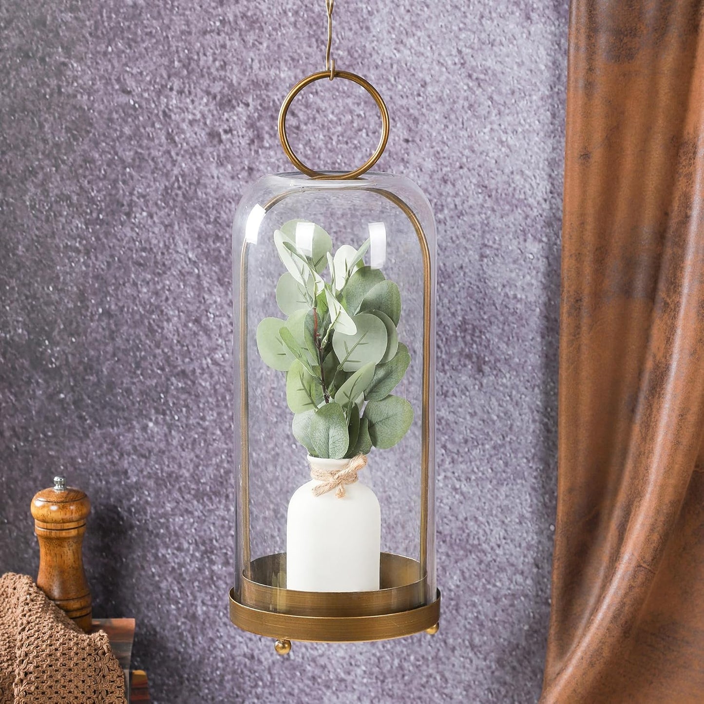 20" High Versatile Modern Metal Hurricane Lantern with Handmade Sturdy Glass Dome for Pillar Candle & Plants (Brass, 7.5"x20")