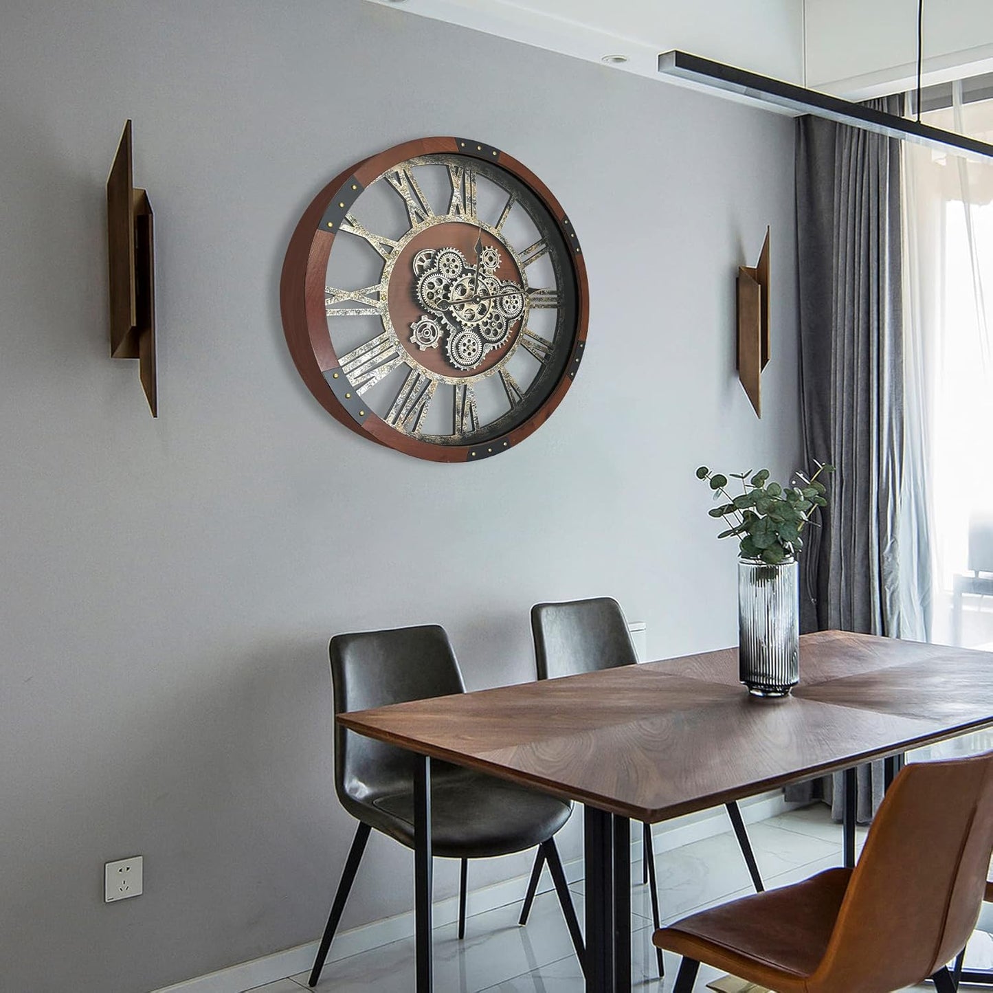 DORBOKER 36" Original Moving Gears Wall Clock, Large Industrial Wall Clock for Living Room Decor,Oversized Wood Vintage Farmhouse Steampunk Rustic Clocks for Wall Decor,Black Walnut