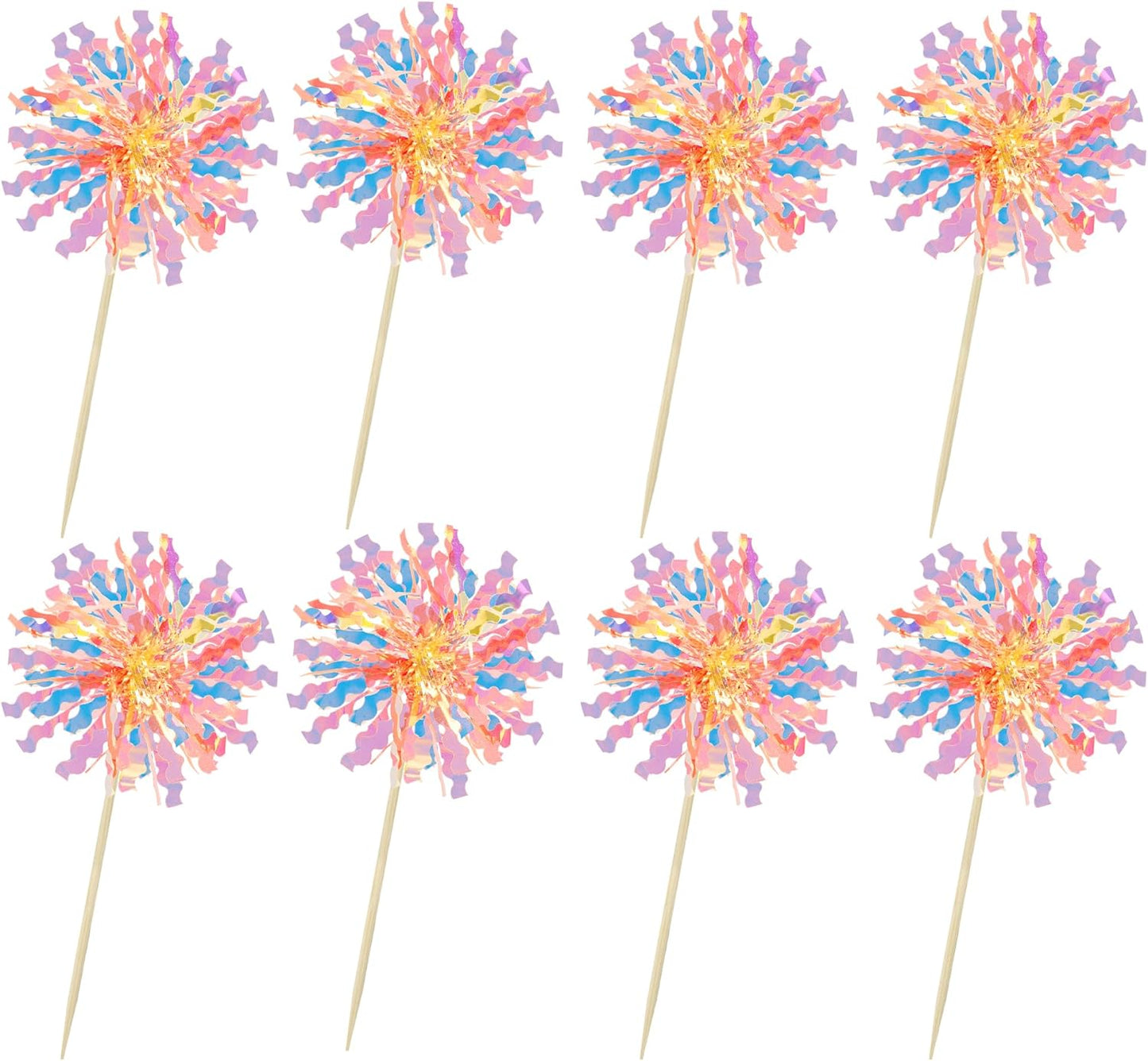 Ephlyn 30Pcs Foil Firework Cupcake Toppers Happy Birthday Cake Toppers Tinsel Flower Drink Stirrers Cocktail Food Fruit Toothpicks for Valentine's Day Party Decorations Orange