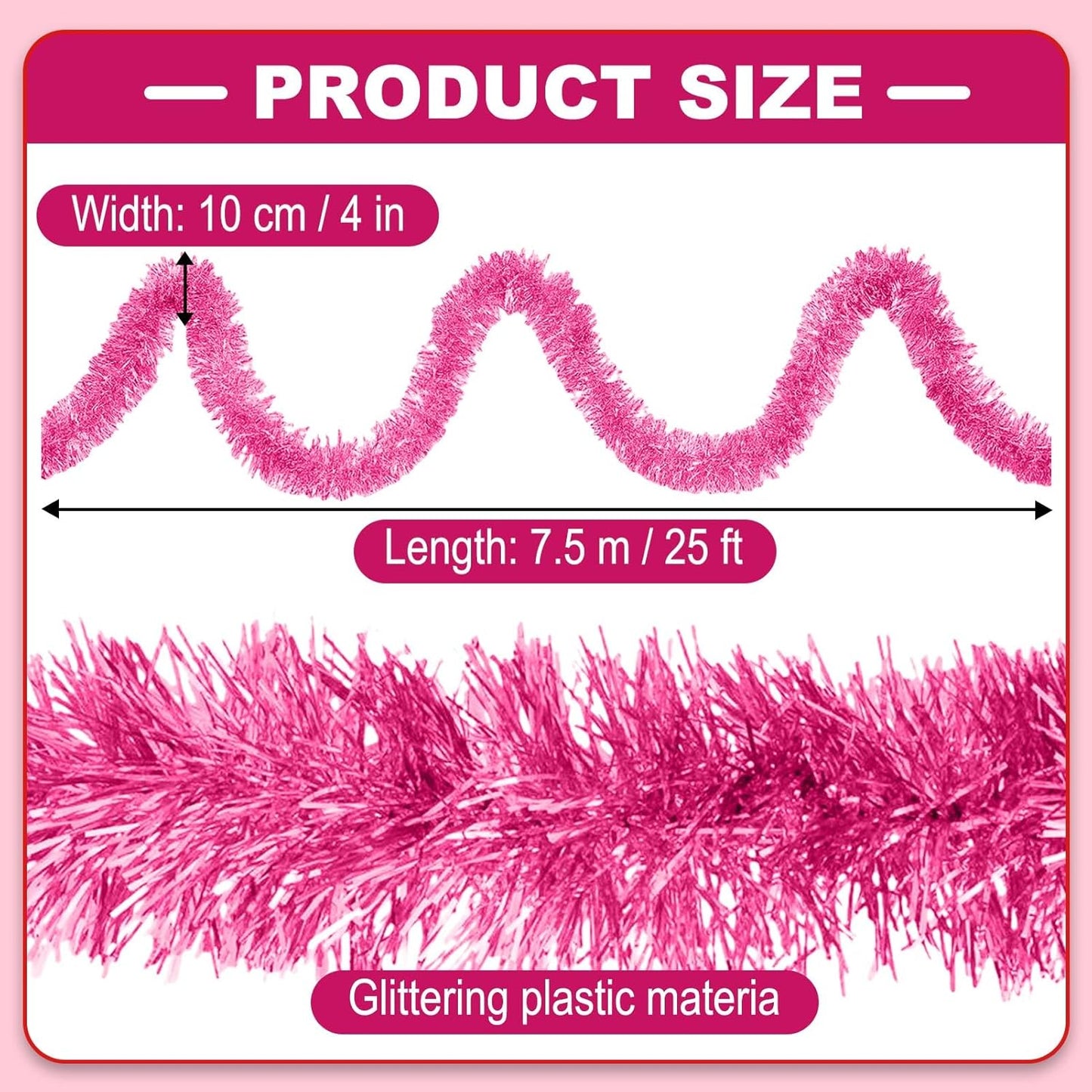 25 Feet Metallic Twist Tinsel Garland - Wall Hanging Backdrop for Holidays (Pink, 4in x 25ft)