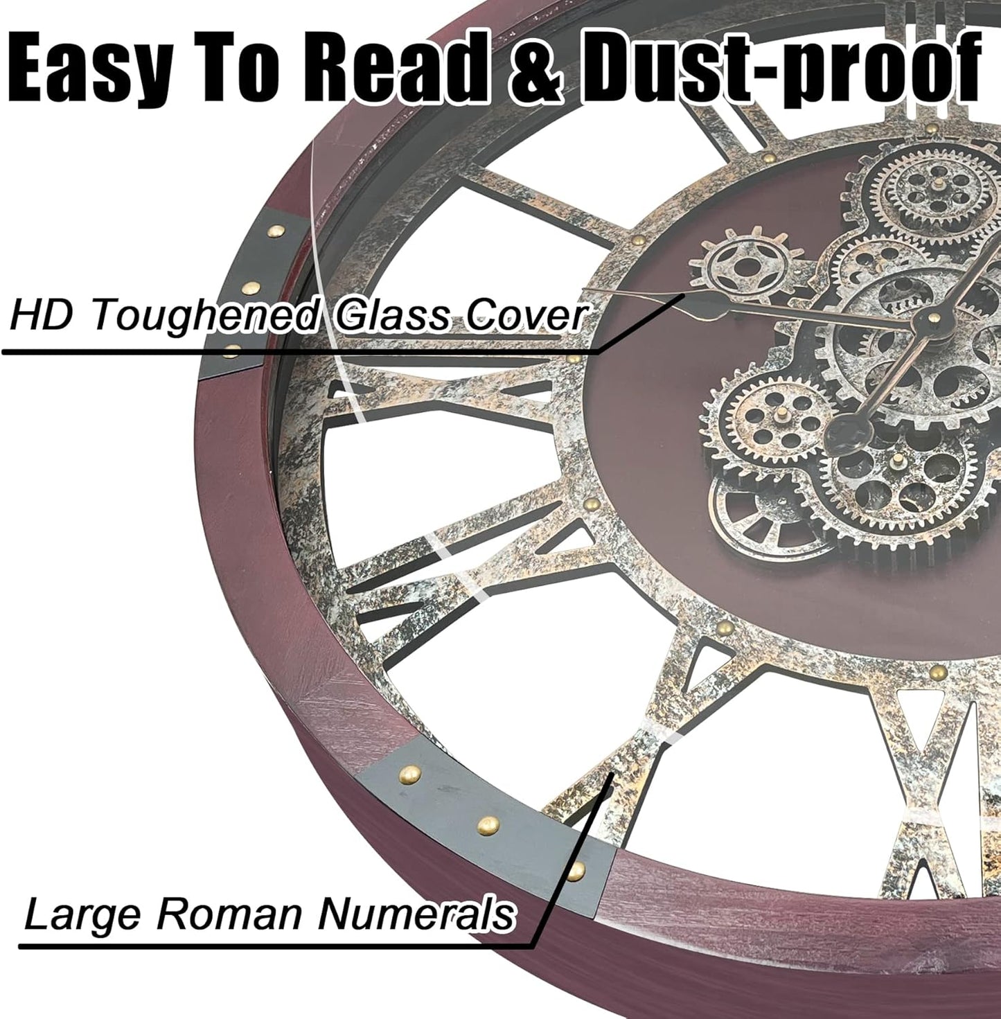 DORBOKER 36" Original Moving Gears Wall Clock, Large Industrial Wall Clock for Living Room Decor,Oversized Wood Vintage Farmhouse Steampunk Rustic Clocks for Wall Decor,Cherry Red