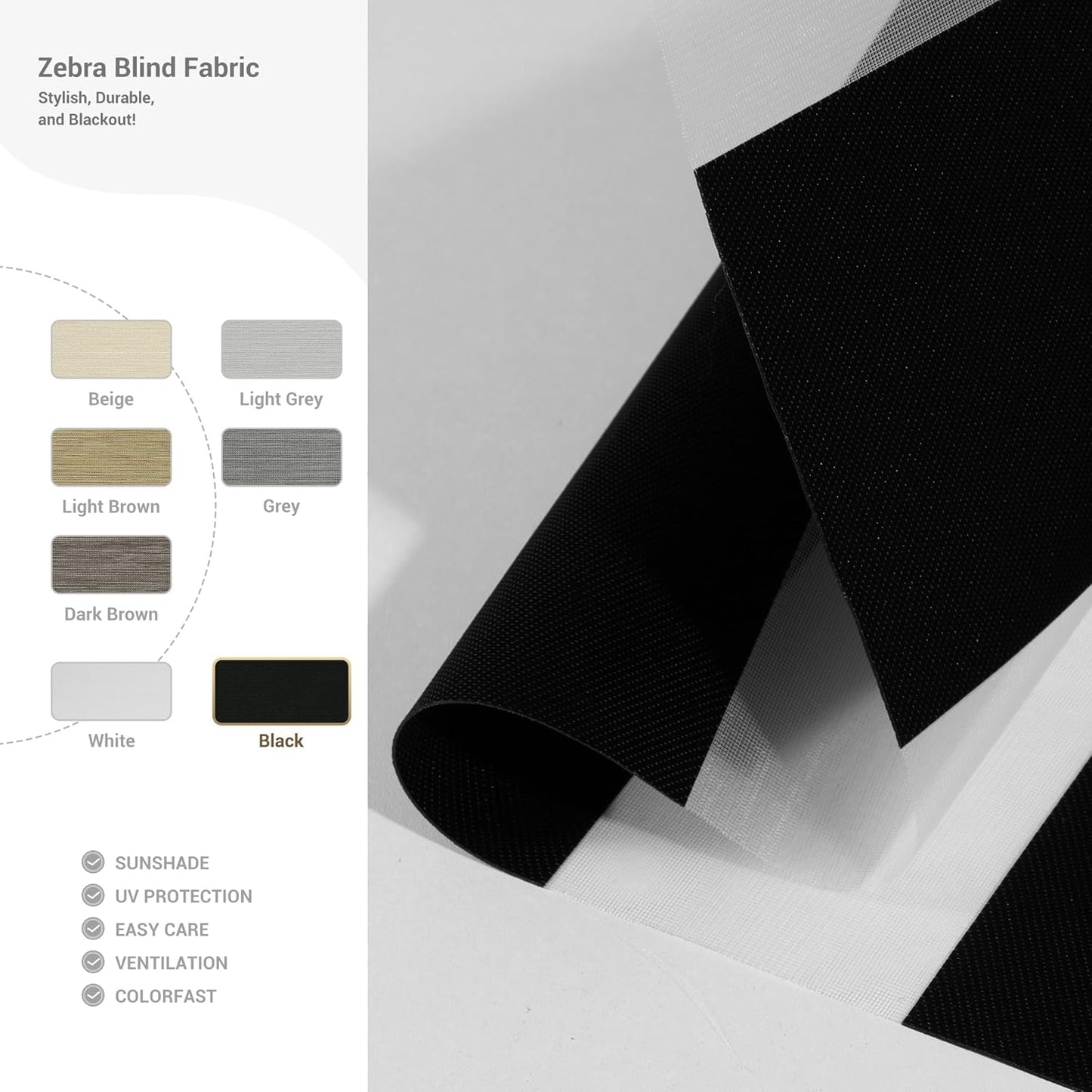 Cordless Zebra Blinds for Windows, Blackout Interior Blinds,Easy to Install,UV Protection,for Offices and Home,Custom Roller Shades, Solid Black, 17" W x 48" H