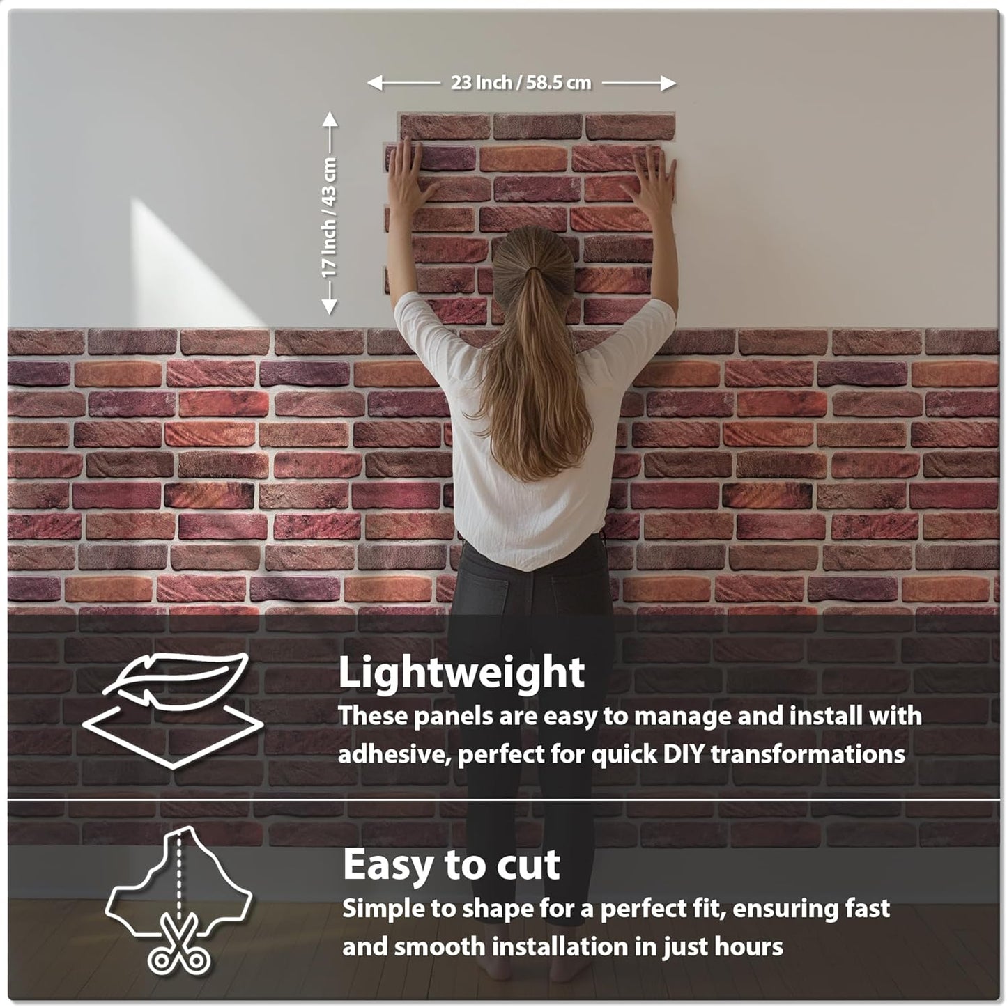 CONCORD WALLCOVERINGS ™ 3D Red Faux Brick Wall Panels - Pack of 20, Lightweight 17.5" x 24" (44.5 cm x 61 cm) PVC Sheets, Decorative Stone Tiles for Living Room, Kitchen - Covers 58.33 Sq Ft (572OR)