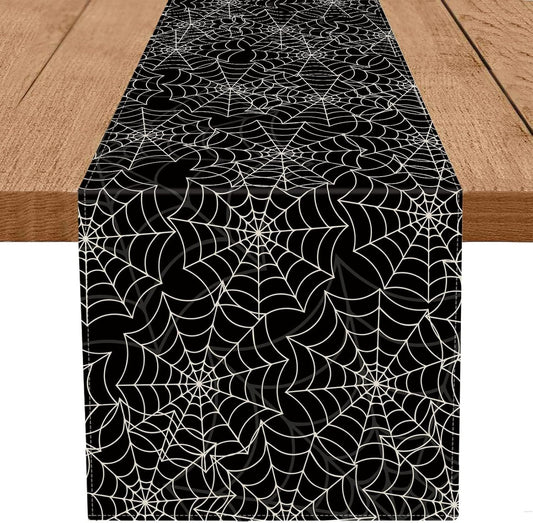 Halloween Table Runner Spider Web Black Linen Table Runners for Seasonal Holidays Indoor Outdoor Kitchen Dining Party Home Decor 13 x 48 Inch