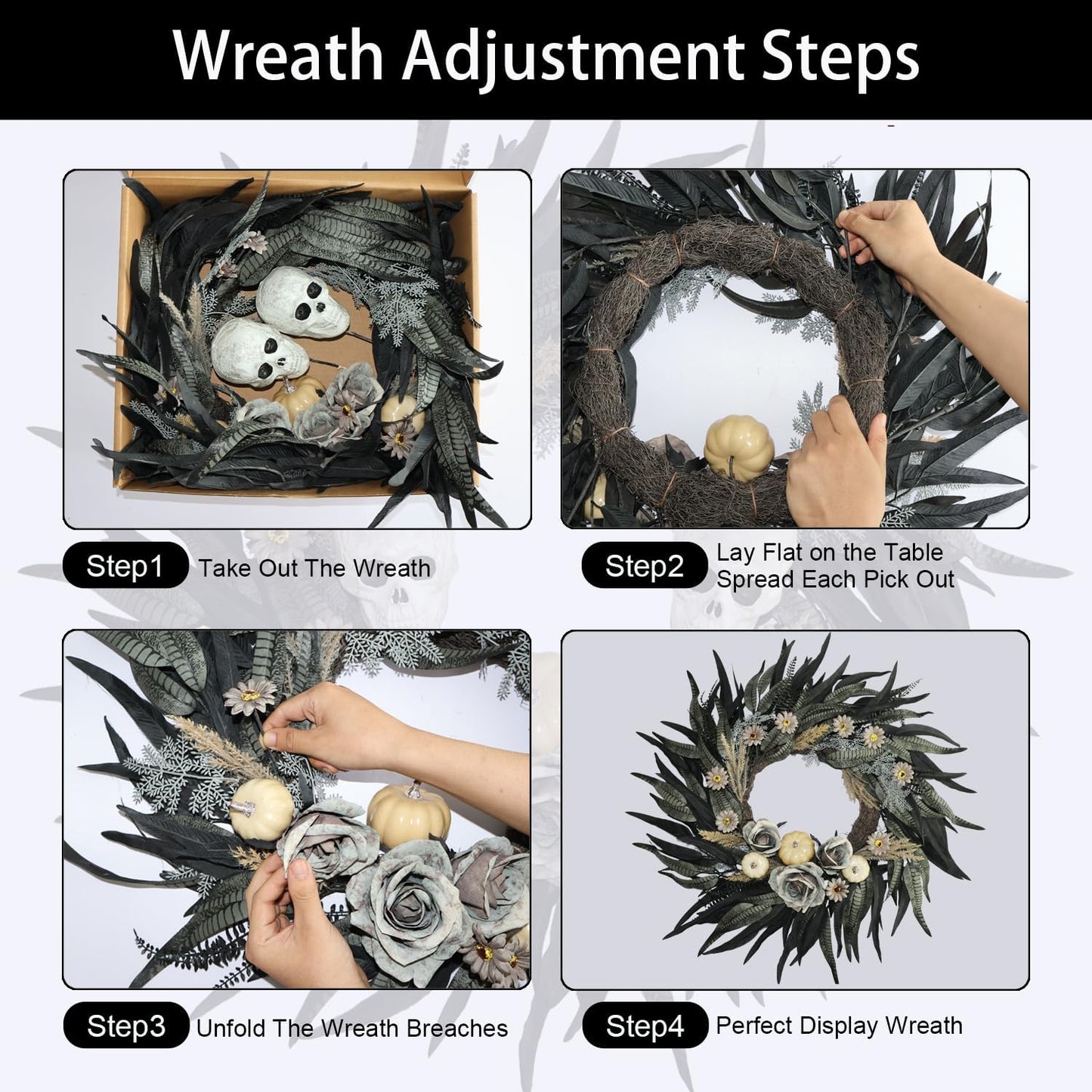 24" Snakeskin Leaves Halloween Wreaths for Front Door with Skulls Flowers and Pumpkins - Gothic Party Black Halloween Porch Wall Door Decor