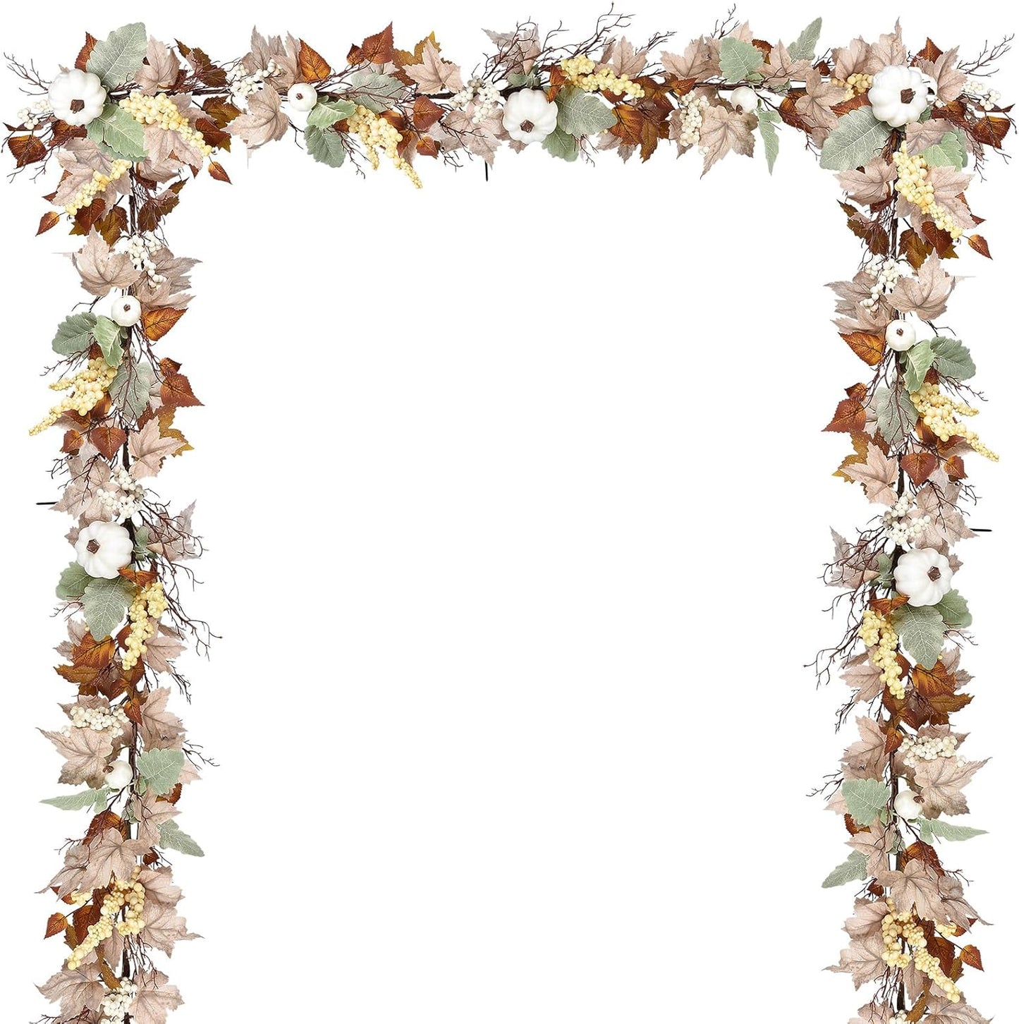 DearHouse Fall Garland Maple Leaf, 5.9Ft Hanging Vine Garland White with Pumpkins and Berries Thanksgiving Decor for Home Wedding Fireplace Party Christmas (White&Brown)