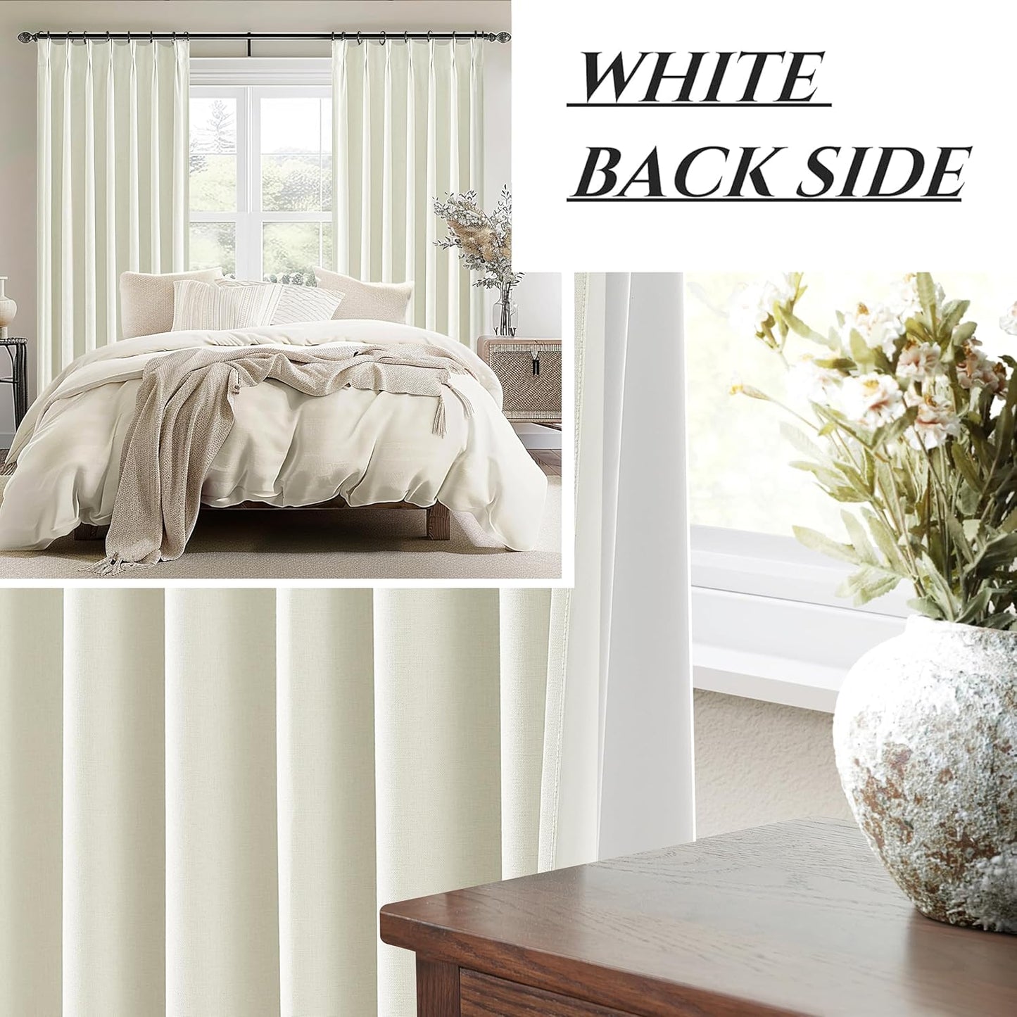 Custom Long 105 Inch Curtains Blackout for Living Room 2 Panels Set Pinch Pleated Noise Cancelling, Modern Cream White 105 Inch Linen Thermal Window Drapes for Winter 40" Wx105 Lx2