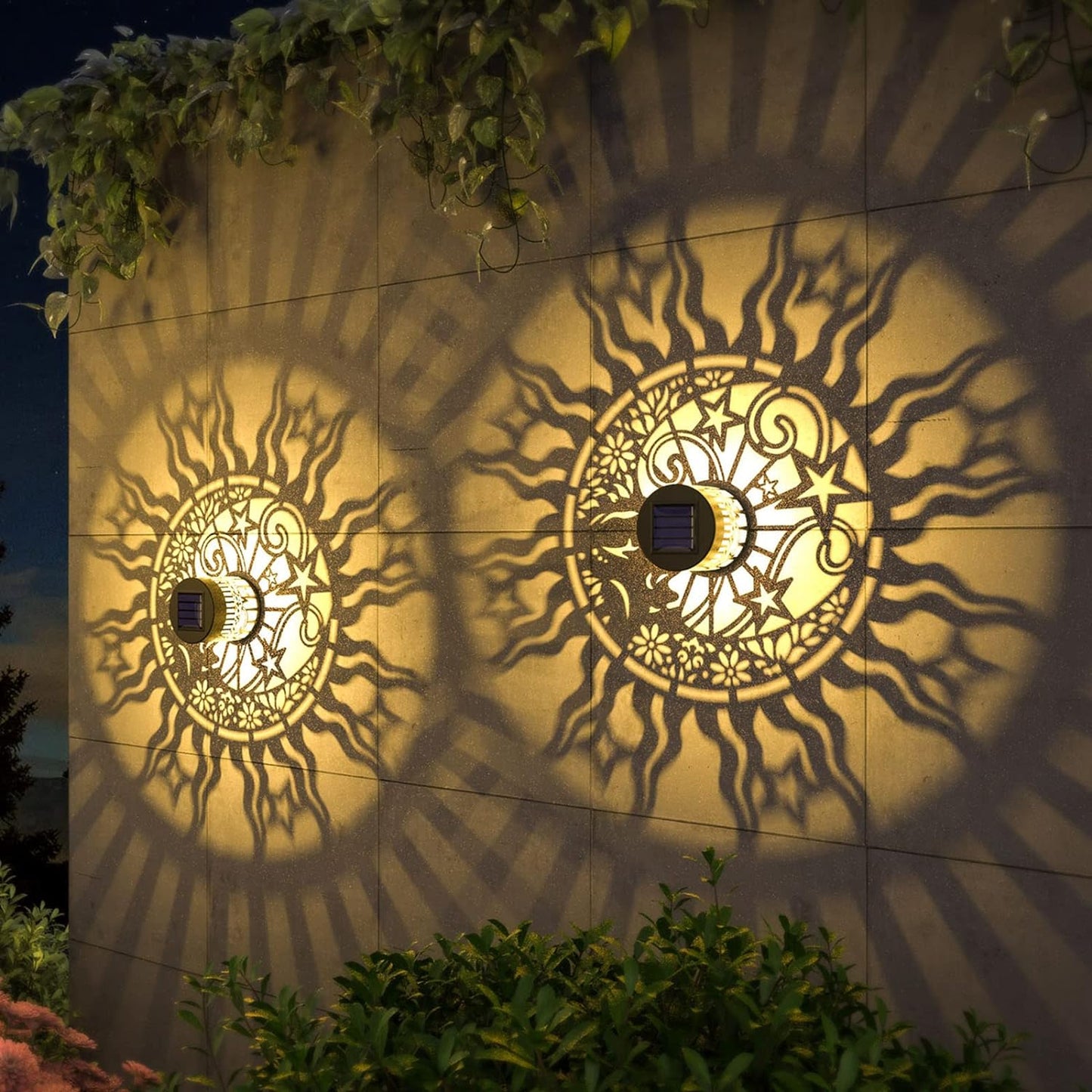 2 Pack Solar Fence Lights Metal Solar Powered Outdoor Wall Deck Lights Sun Moon Theme Waterproof Fence Light for Garden Post Patio Backyard Yard Decor (Face, 2 Pack)