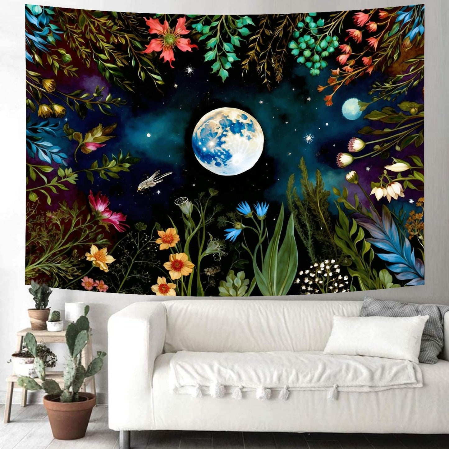 Delur Moonlit Garden Tapestry Boho Moon Floral Plant Tapestry Wall Hanging Colorful Flower Botanical Nature Night Landscape Headboard for Bedroom Living Room Home Decor (70.8" x 92.5")