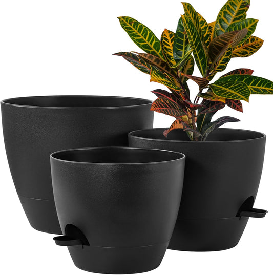 FaithLand 3-Pack Large Planter Pots, 12 10 9 Inch Self Watering Flower Pots for Indoor Outdoor Garden Plants, Black