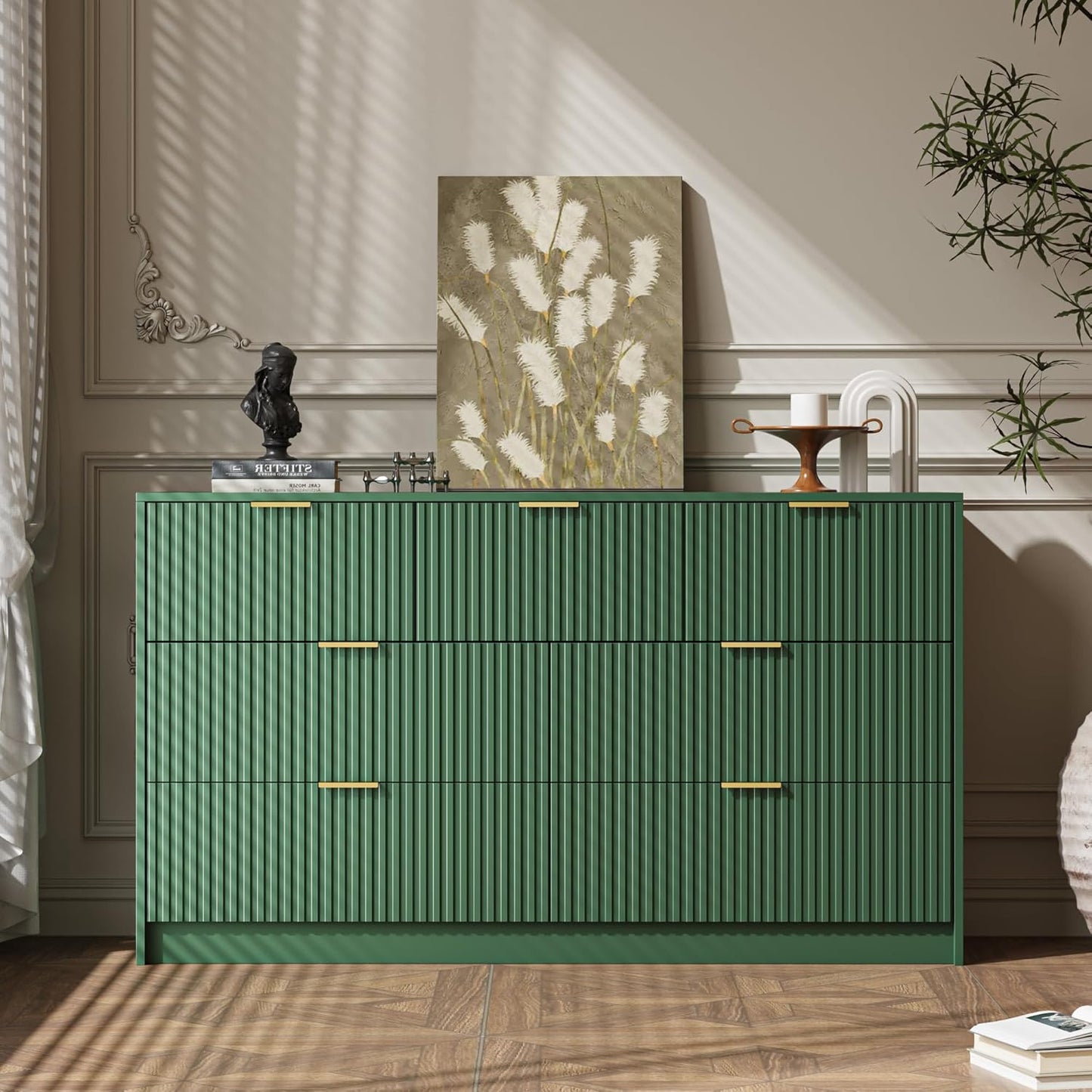 Green 7 Drawer Dresser for Bedroom, Modern Fluted Dresser with Gold Metal Handles, Wide Chest of Drawers for Bedroom, Living Room, Entryway, Hallway, 55.9" L x 15.7" D x 31.4" H
