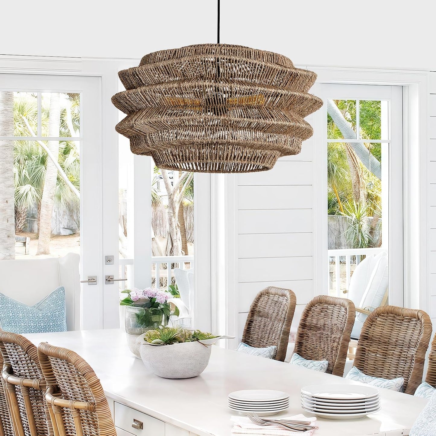 19.7" Rattan Pendant Light,3-Light Hand-Woven Rustic Wicker Hanging Light Seagrass Ceiling Chandelier,Water Plants Rattan Chandelier for Dining Living Bedroom Kitchen Farmhouse