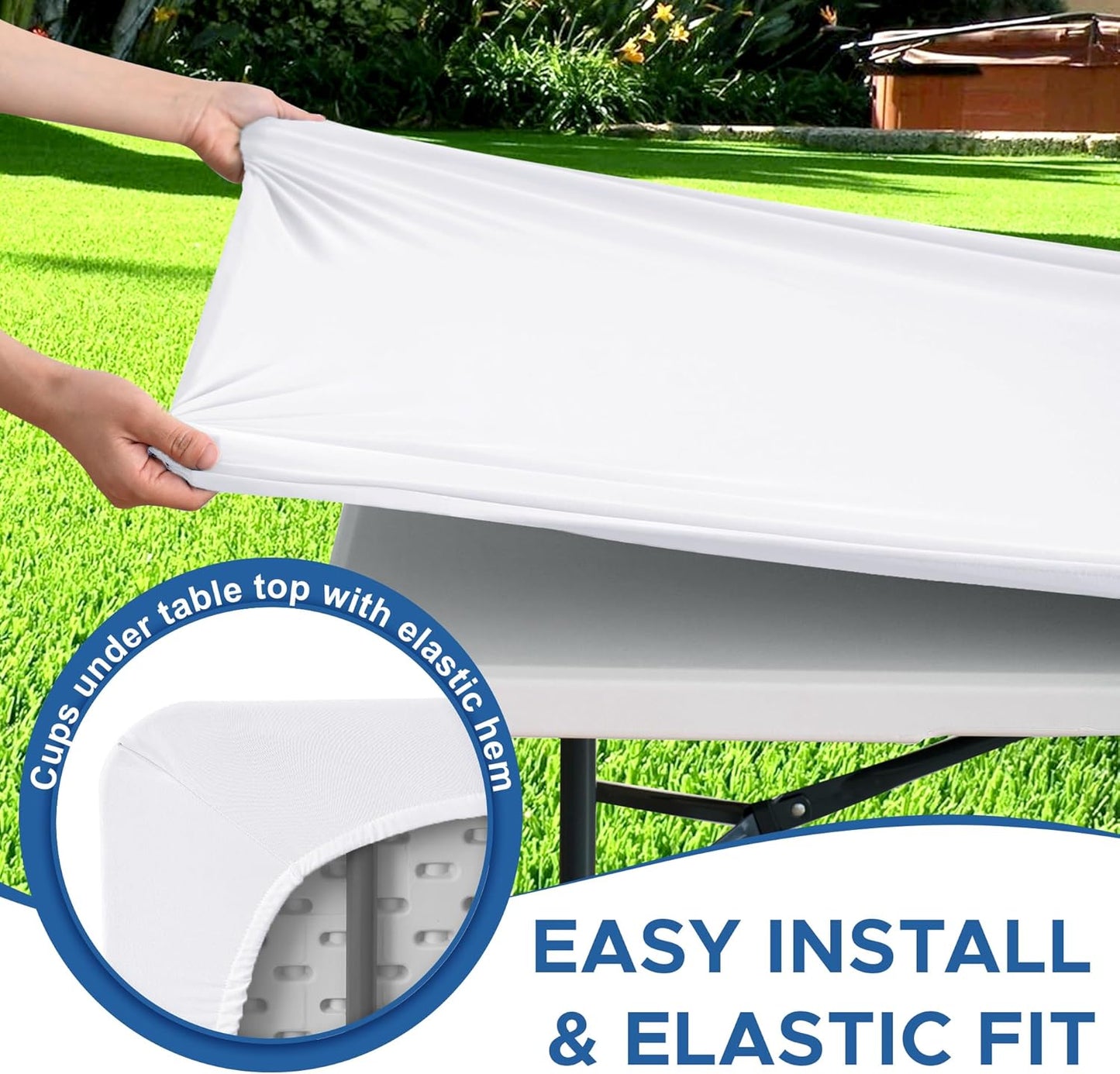 Fitted Tablecloth for 8 Foot Rectangle Tables-6 Pack White Elastic Outdoor Picnic Table Cover-Spandex Stretch Folding Table Cloths 8ft for Camping Dining Room Patio Kitchen Banquet Party