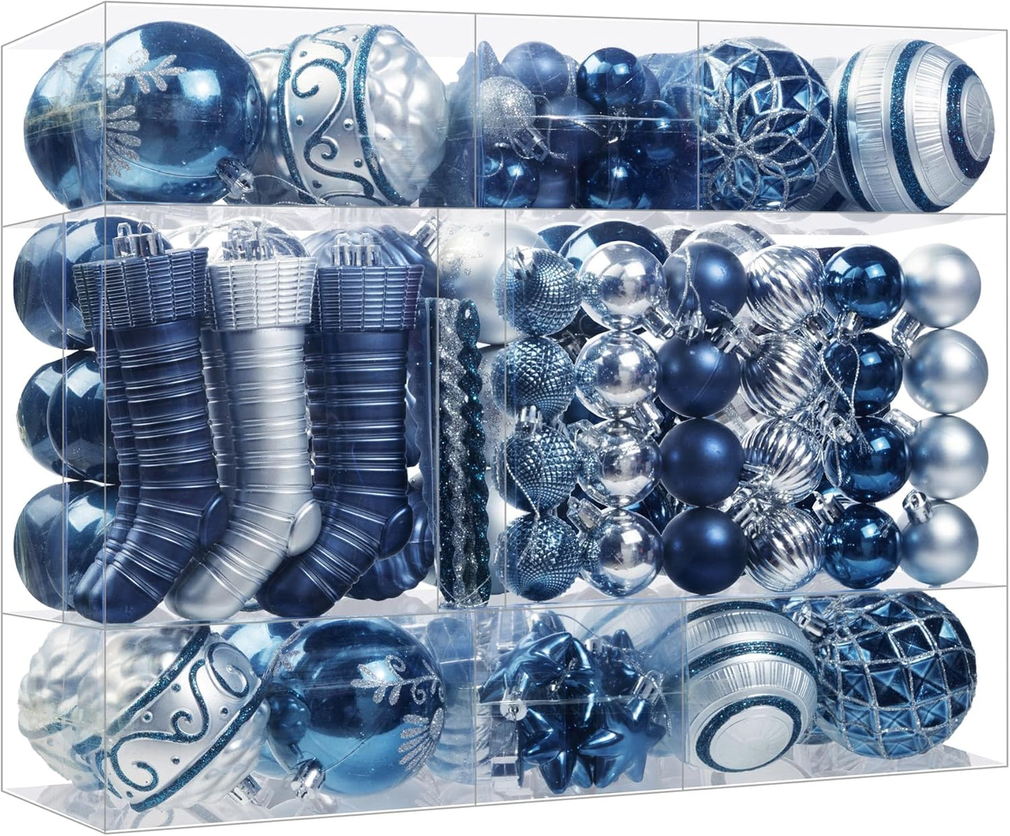 150PCS Blue and Silver Christmas Ornaments, Shatterproof Christmas Ball Ornaments Set, Assorted Christmas Baubles Hanging Decorations for Xmas Tree Home Festival Party Wedding (Blue & Silver)