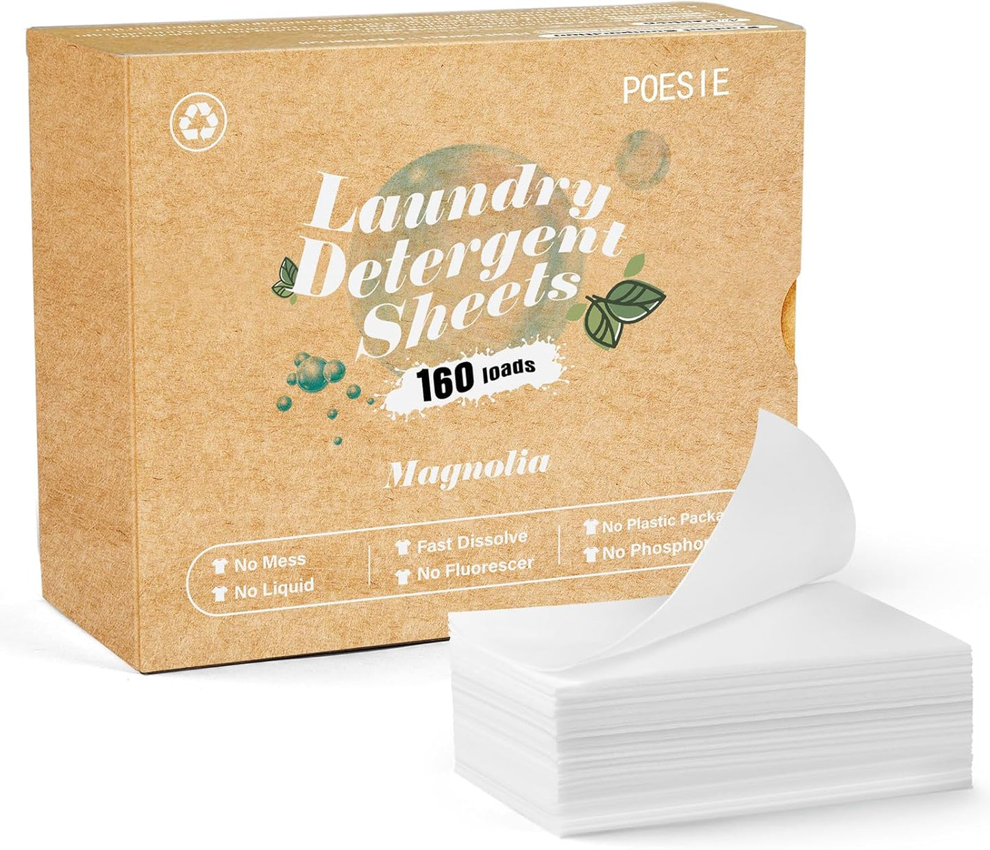 Poesie Laundry Detergent Sheets Magnolia Scent 160 Sheets 80 Large Loads Liquidless Effective Cleaning Zero Waste for All Washing Machine Traveling Dorm Life Save Space