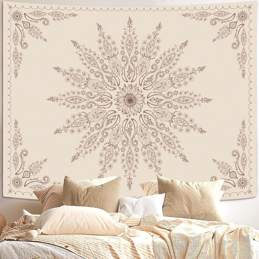 Fowocu Boho Floral Mandala Tapestry for Bedroom Aesthetic Bohemian Flower Wall Tapestry Beige Hippie Indian Small Tapestries Wall Hanging for Living Room Dorm Decor 60 x 44 Inch
