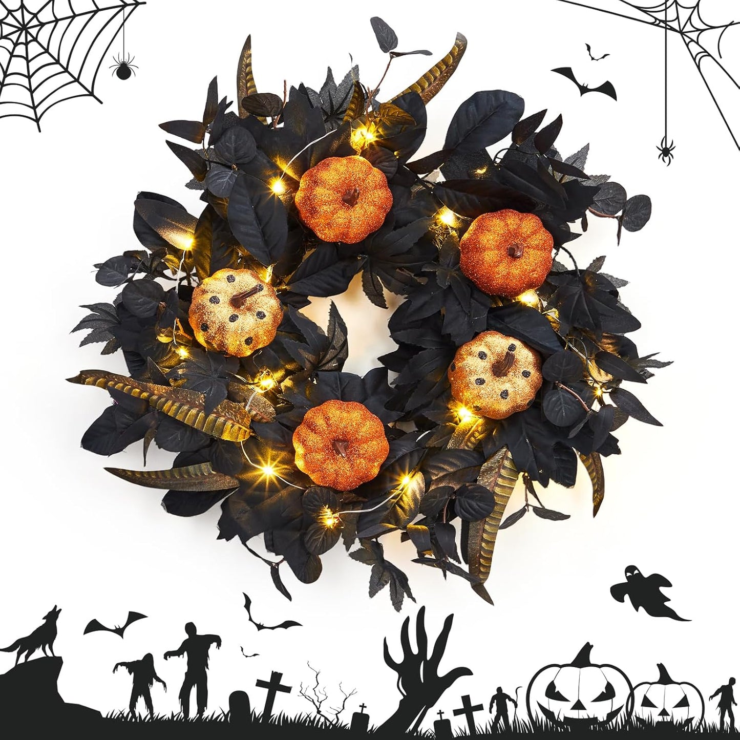 GarveeHome Halloween Wreath for Front Door, 18 Inch Fall Wreath with Pumpkins and Maple Leaves for Indoor Outdoor Wall Window Porch Patio Garden Farmhouse Home Party Prom Decoration