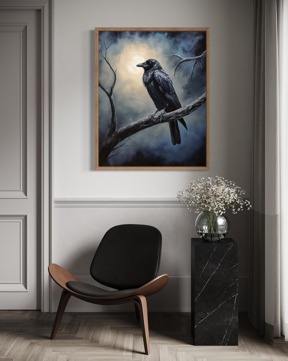 Crow under the Moonlight Poster Art Print, Halloween Scary Vintage Wall Art Academia Spooky Painting Decoration for Horror Prints, Gothic Posters Bedroom Decor 89 (Crow under the Moonlight, 8 x 10 inches, Wood Frame)