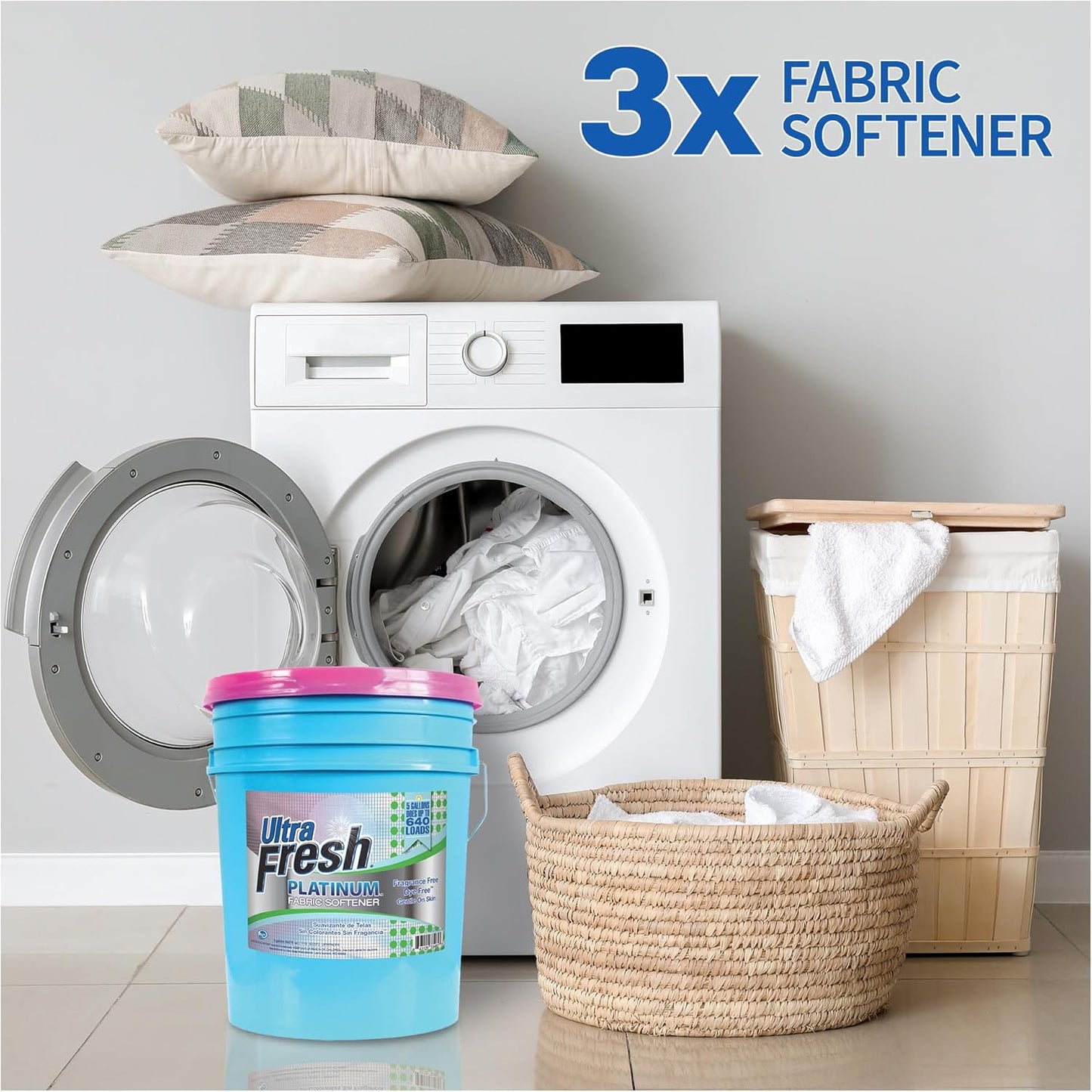 Ultra Fresh 5 Gallon Platinum Fabric Softener for All Machine Types, Liquid Laundry Softener, Up to 640 Loads, Fragrance & Dye Free
